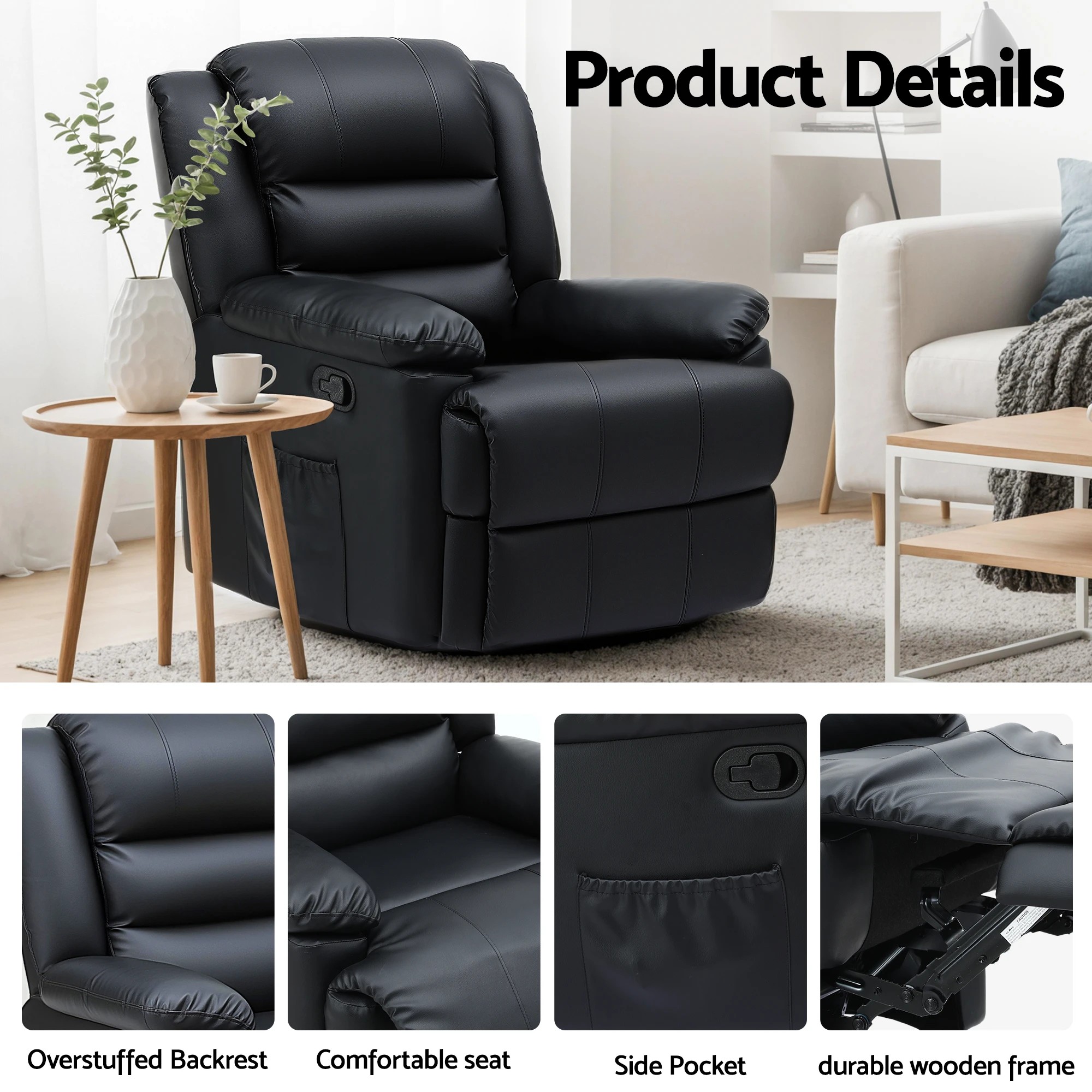 5 Artiss Manual Recliner Chair Leather Reclining Sofa with 16color Led - Black, 5 of 6
