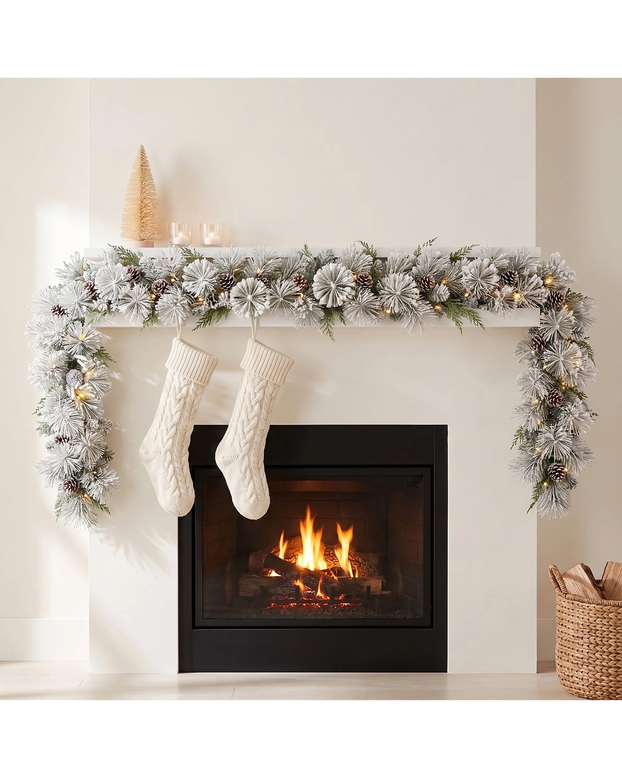 4 Christabelle 2.74m Pre-Lit Flocked Garland, Pine Cones, LED Timer - White, 4 of 9