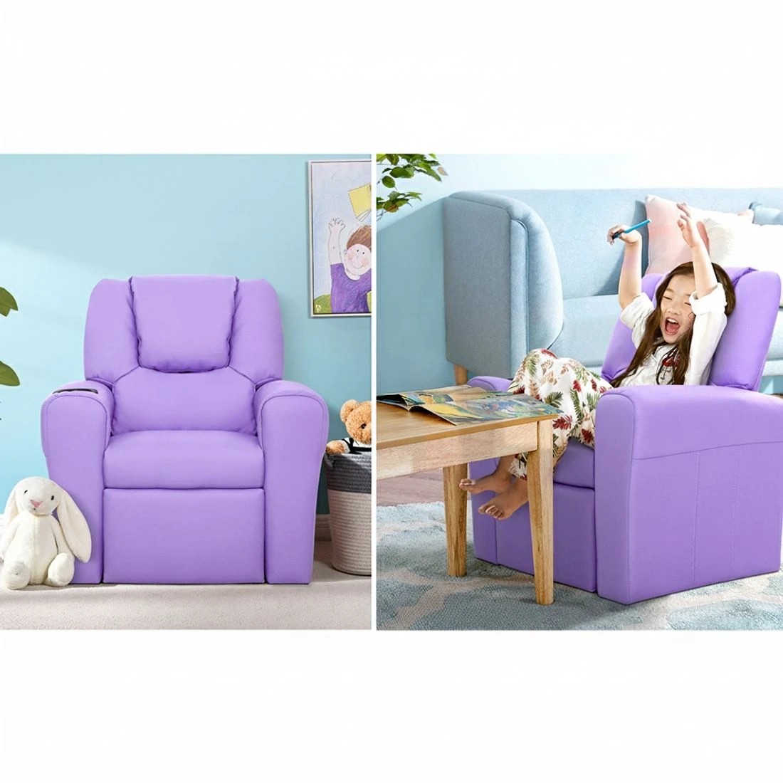 4 Keezi Kids Recliner Chair Purple PU Leather Sofa Lounge Couch Children - Purple, 4 of 8