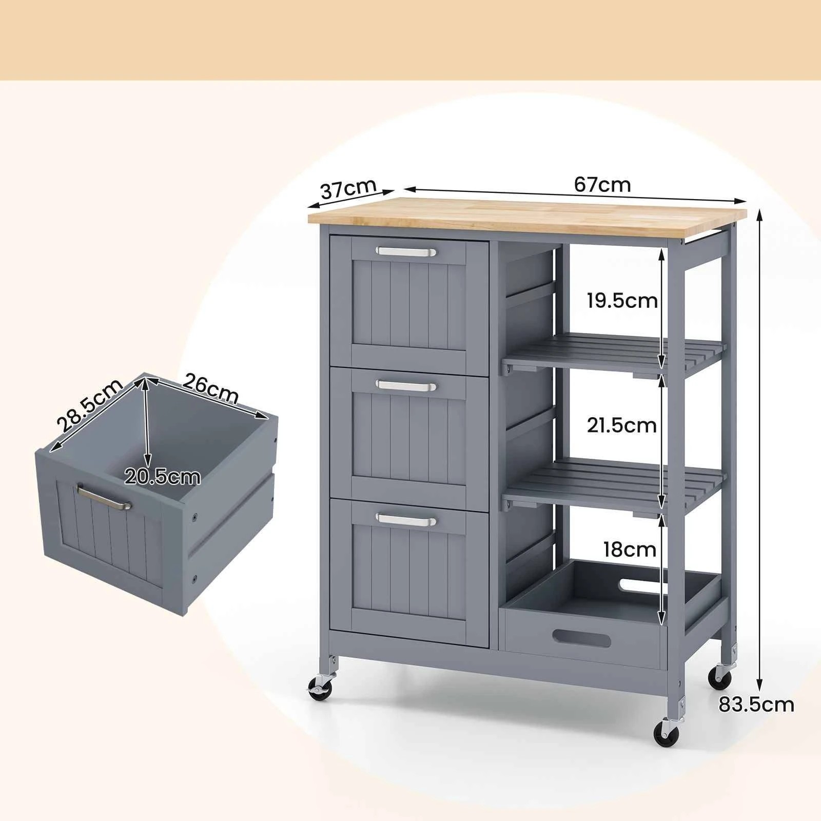 2 Costway Kitchen Island Trolley Storage Dining Cart Side Buffet Table Utility Cabinet - Grey, 2 of 3