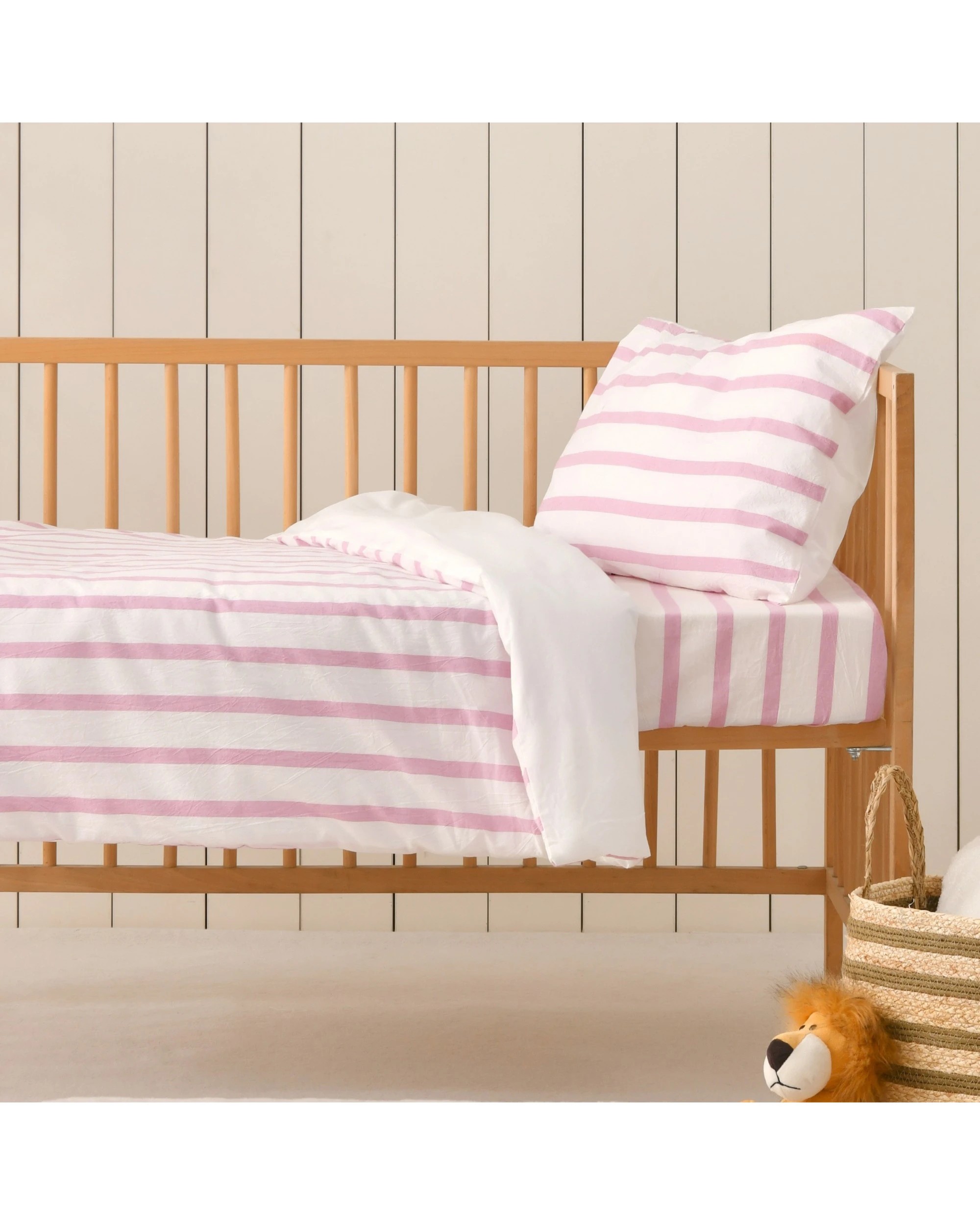 1 Dreamaker Baby Bask Washed Cotton Yarn Dyed Stripe Quilt Cover Set - COT Size - Pink Pearl, 1 of 7