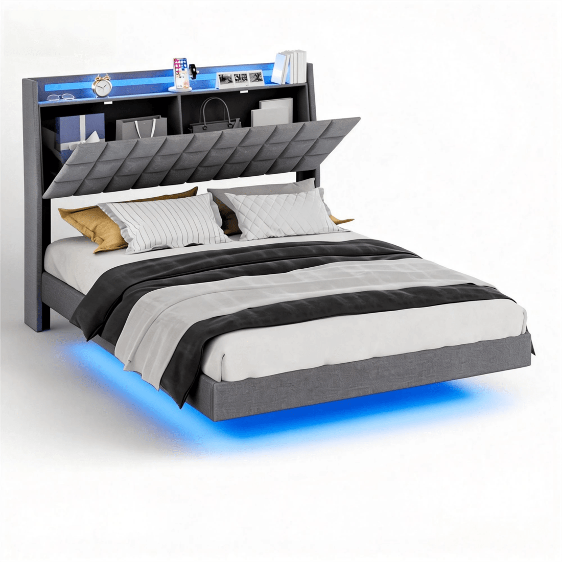 1 Advwin Queen Size Floating Bed Frame with Led Lights and Storage Headboard Dark Grey, 1 of 9
