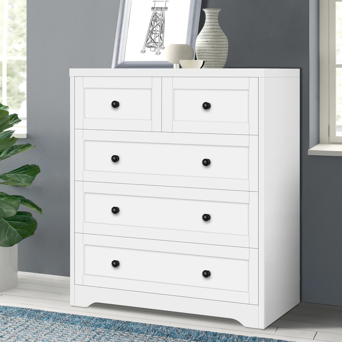 3 Alfordson 5 Chest of Drawers Hamptons Storage Cabinet Dresser Tallboy - White, 3 of 8