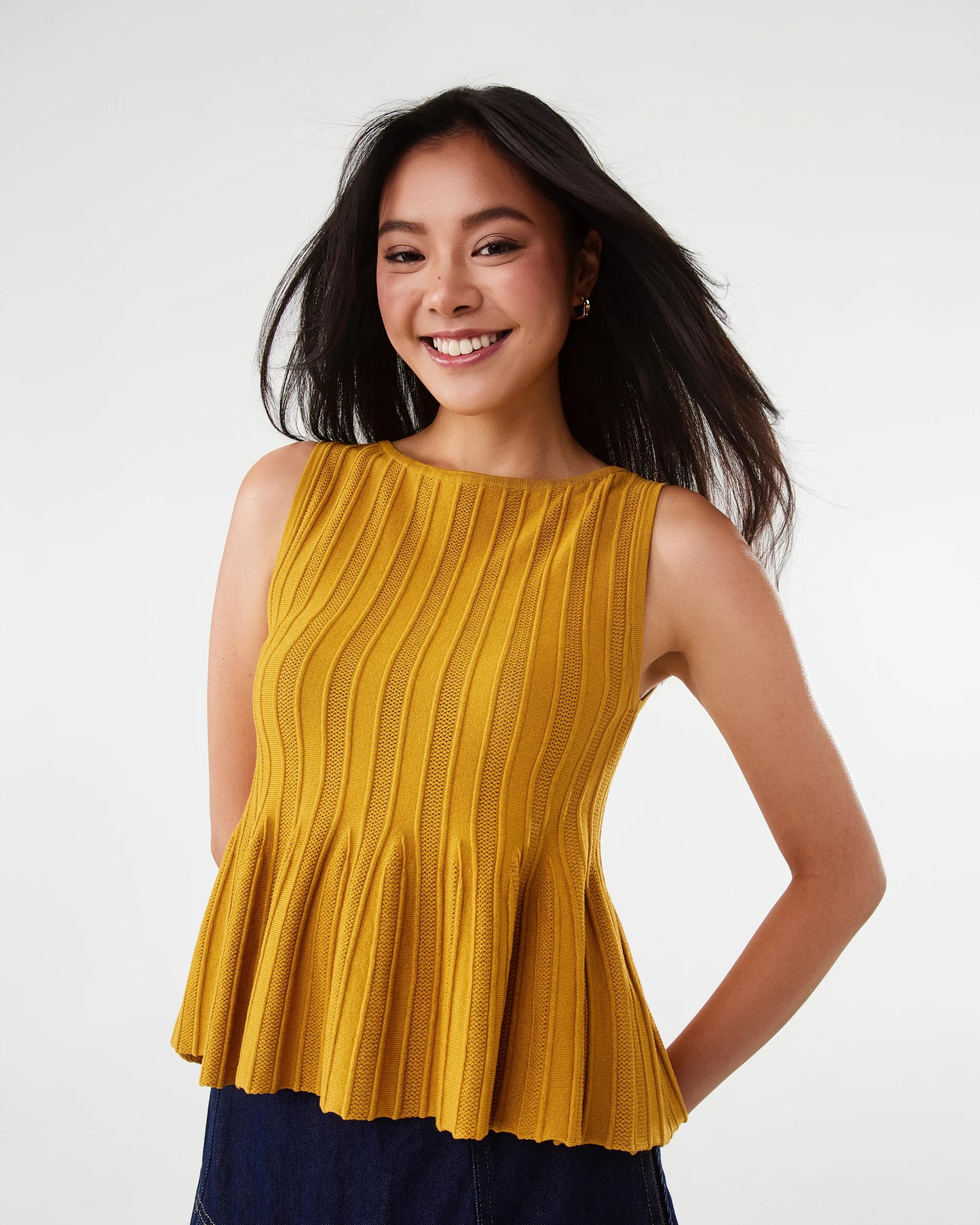 1 Sleeveless Peplum Knit Top Yllw Brass, 1 of 7