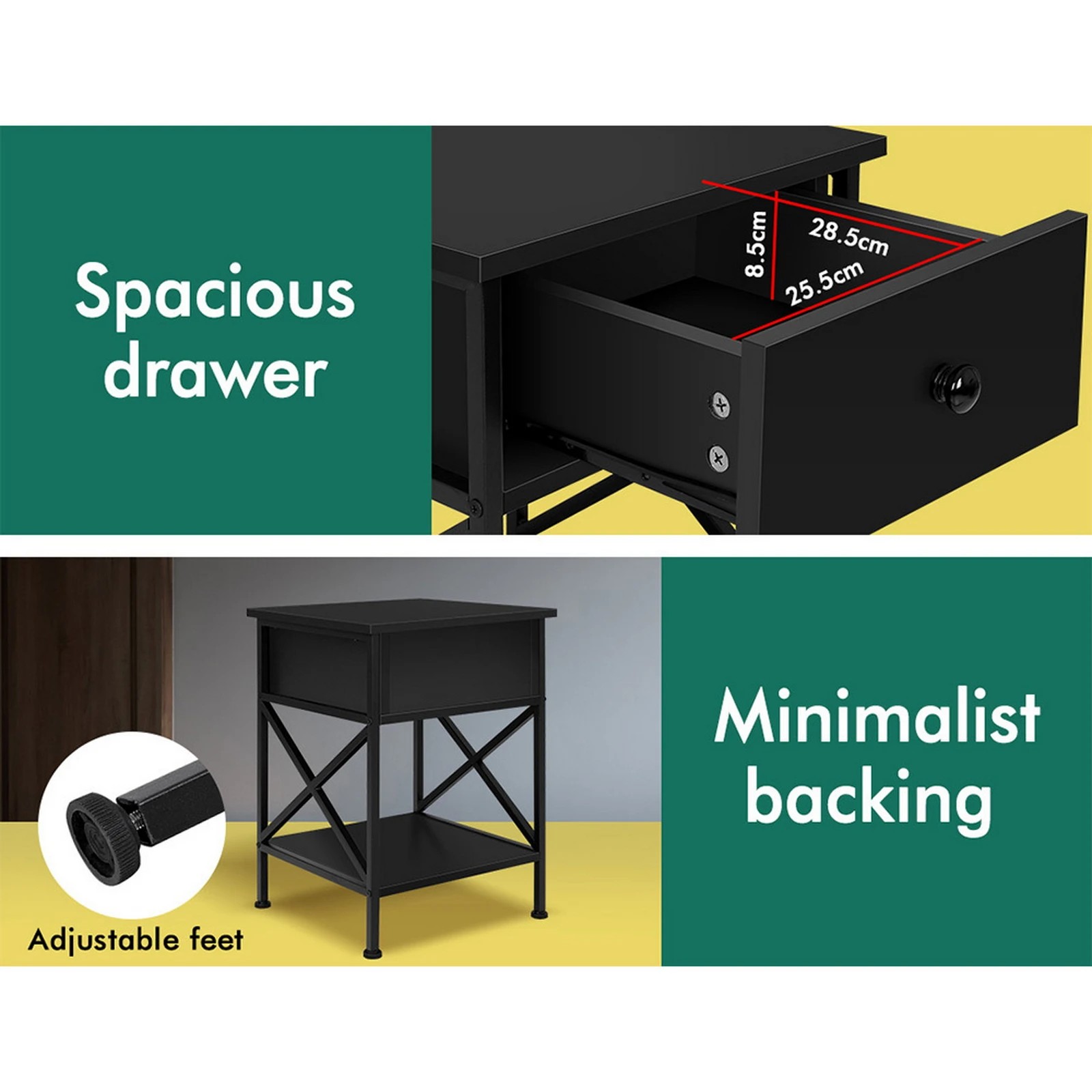 9 Alfordson Bedside Table Retro Wooden Nightstand Vintage Storage Side Cabinet - Black, 9 of 10