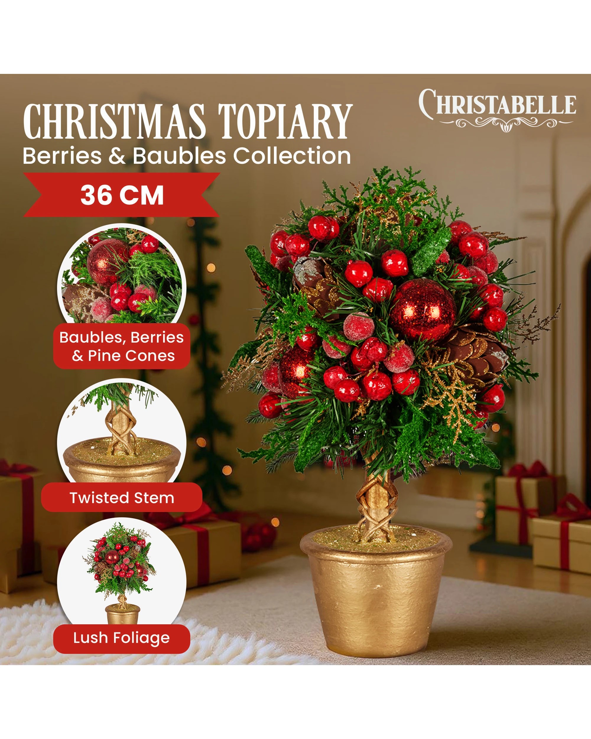 5 Christabelle 36cm Christmas Tabletop Topiary With Berries Baubles And Pine Cones, 5 of 10