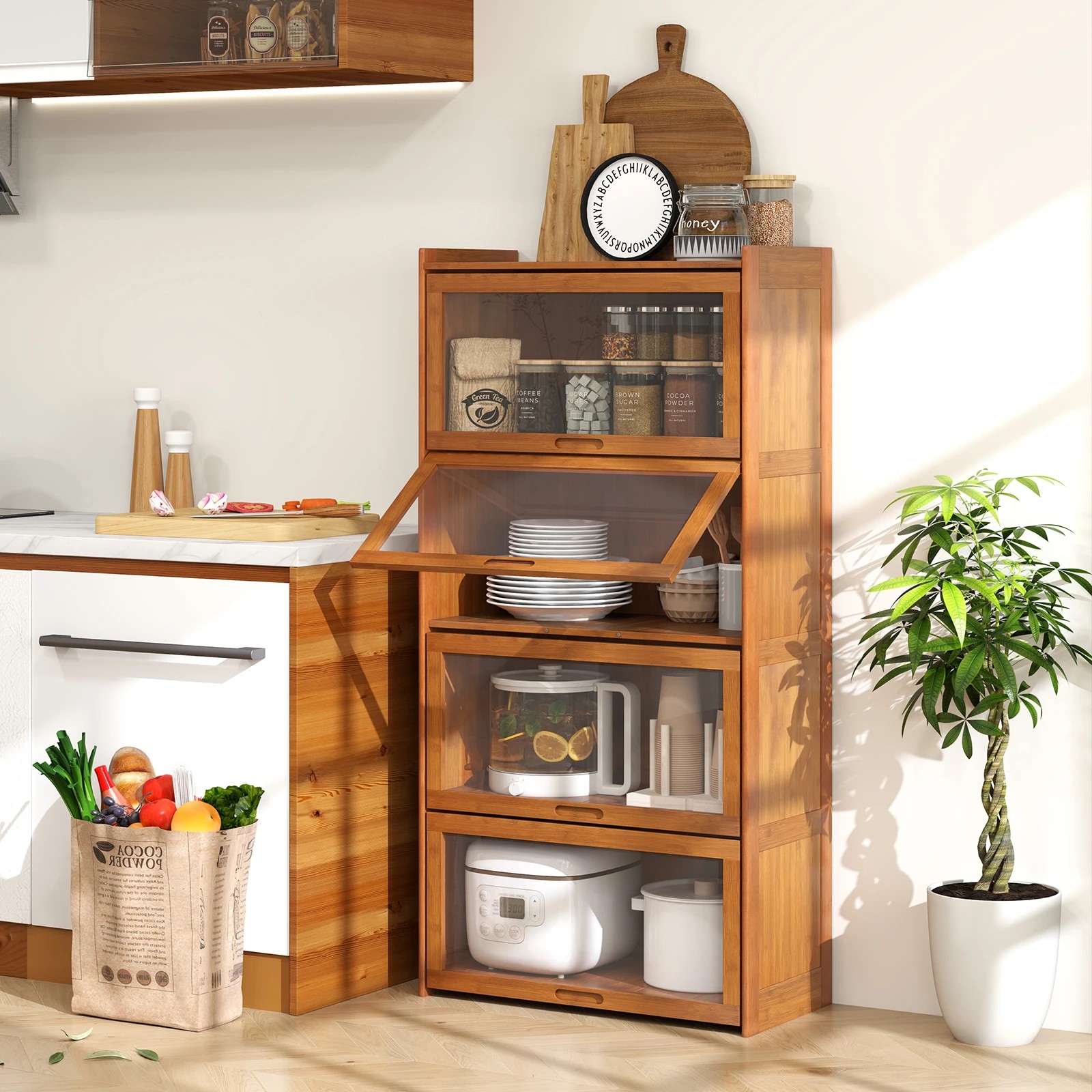 3 Costway 1.4m 4-Tier Bookcase Bamboo Bookshelf w/Doors Cube Organizer Display Cabinet - Brown, 3 of 5