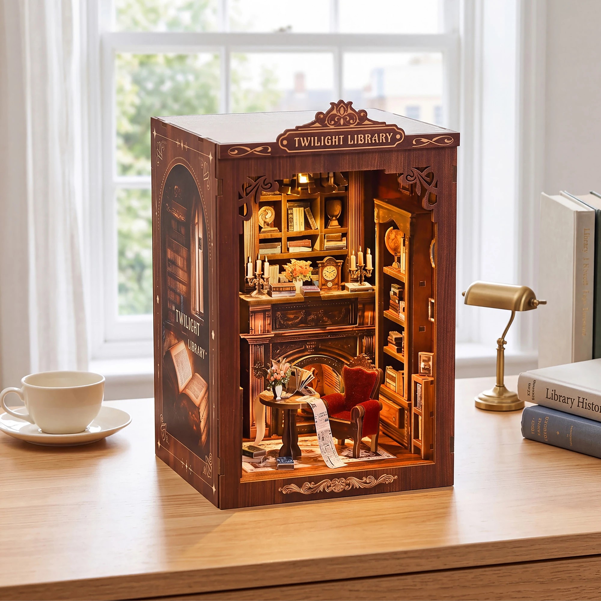 8 Bo Peep Book Nook Kit For Adults Miniature Bookstore Model with Warm LED Walnut, 8 of 8