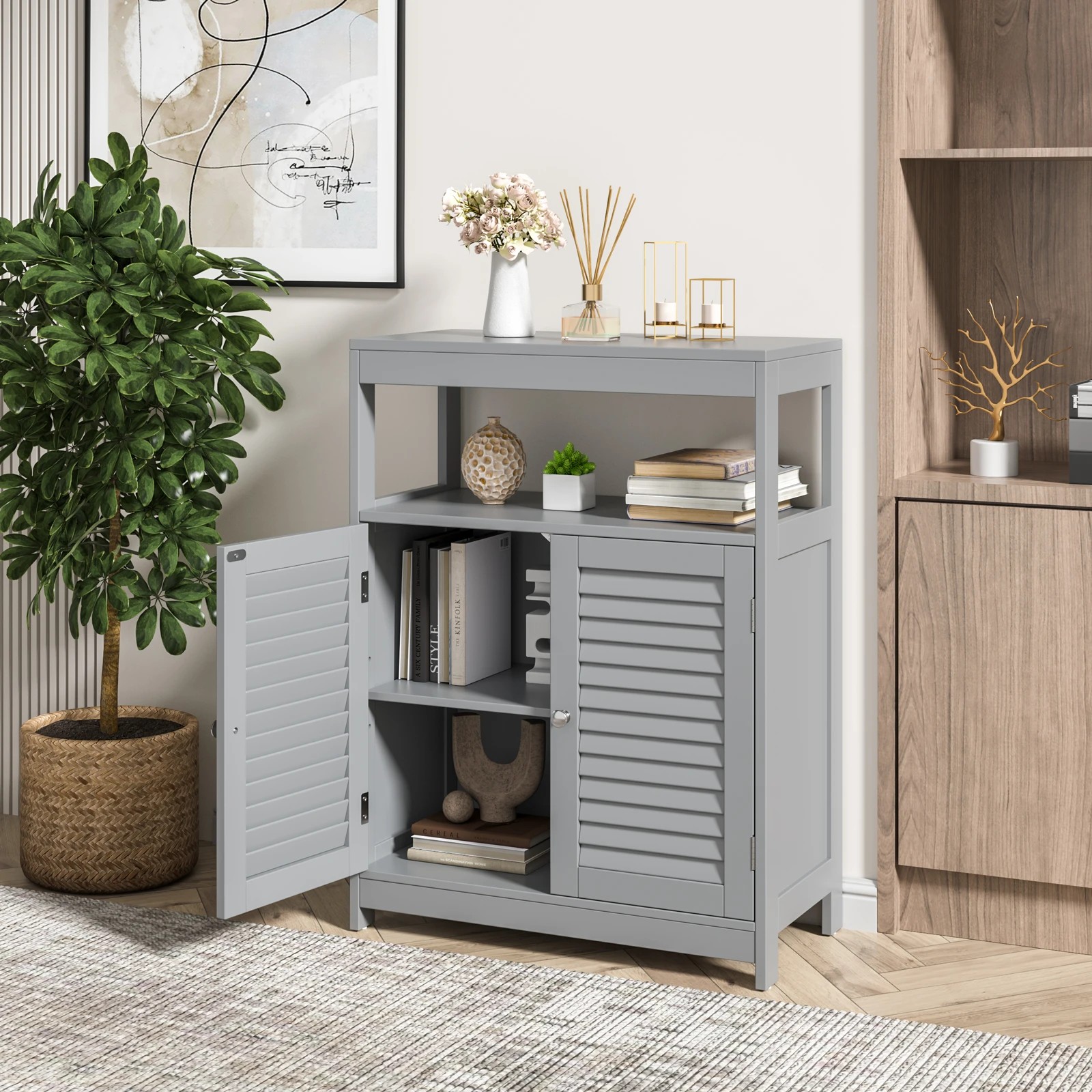 4 Costway Bathroom Storage Cabinet Floor Storage Cupboard w/2 Doors & Open Shelf - Grey, 4 of 7