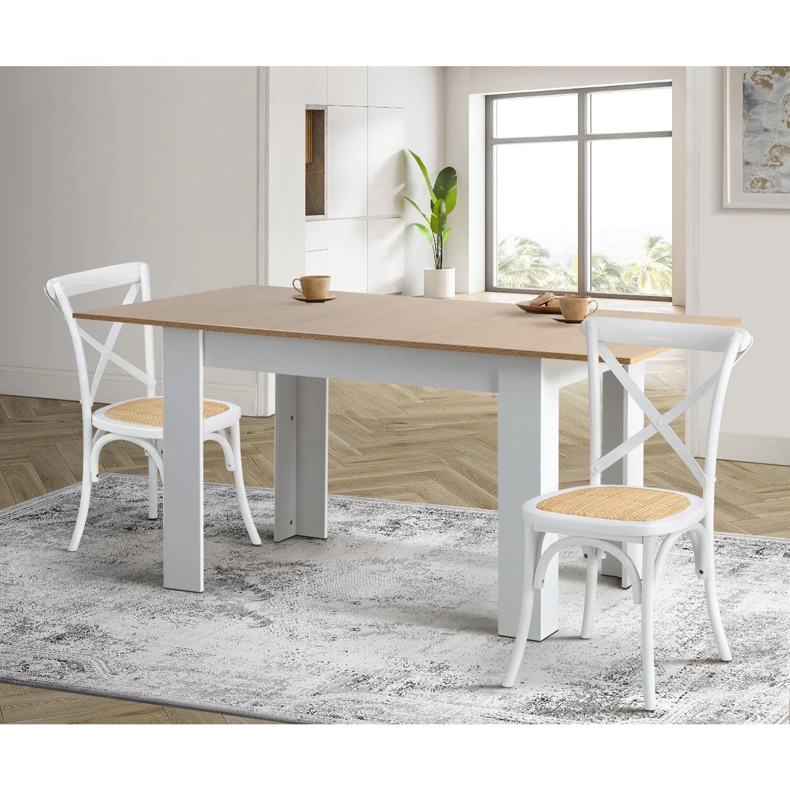 5 Oikiture 2pcs Crossback Dining Chair Solid Birch Timber Wood Ratan Seat
 - White, 5 of 10