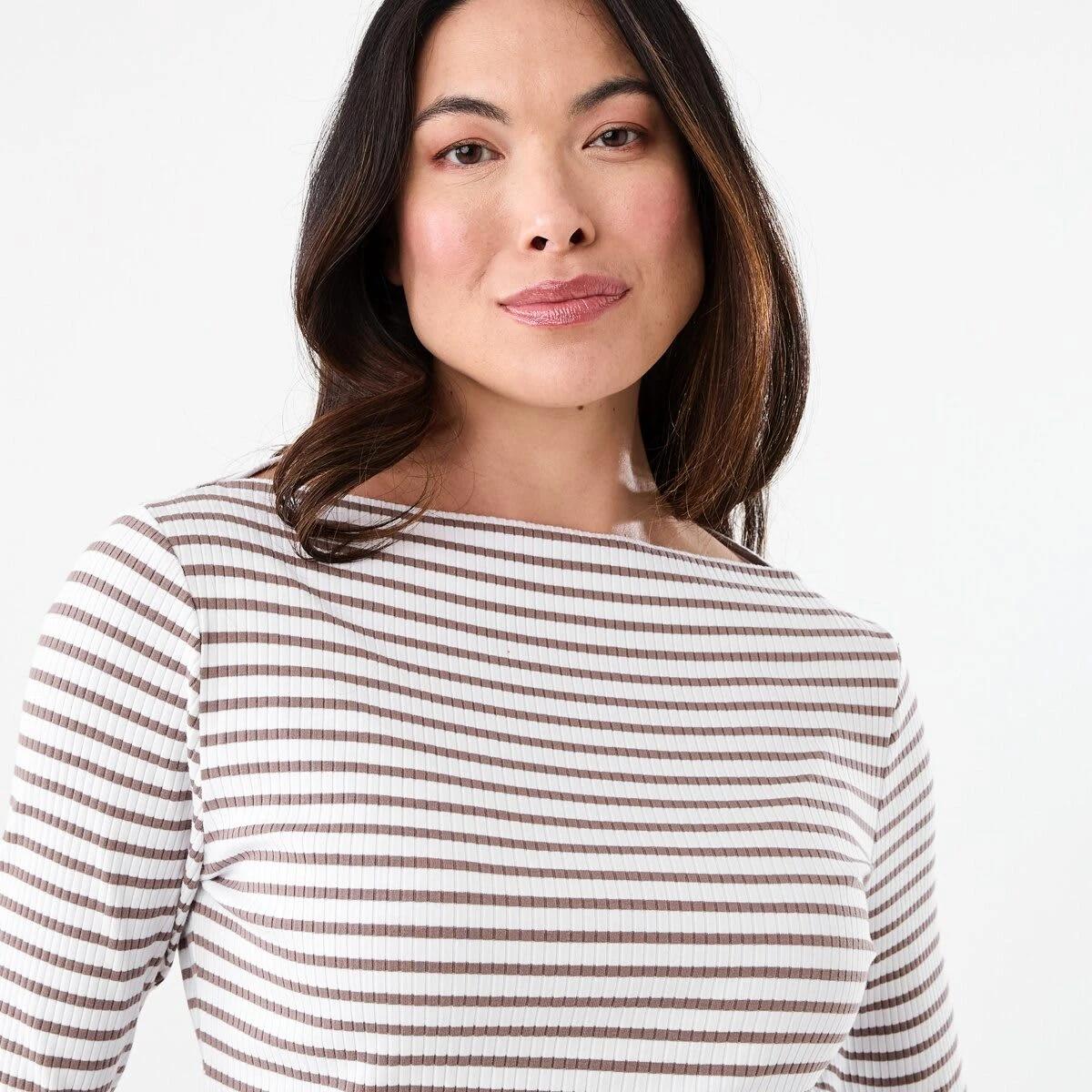 4 Long Sleeve Rib Boat Neck Top Taupe Stp, 4 of 5