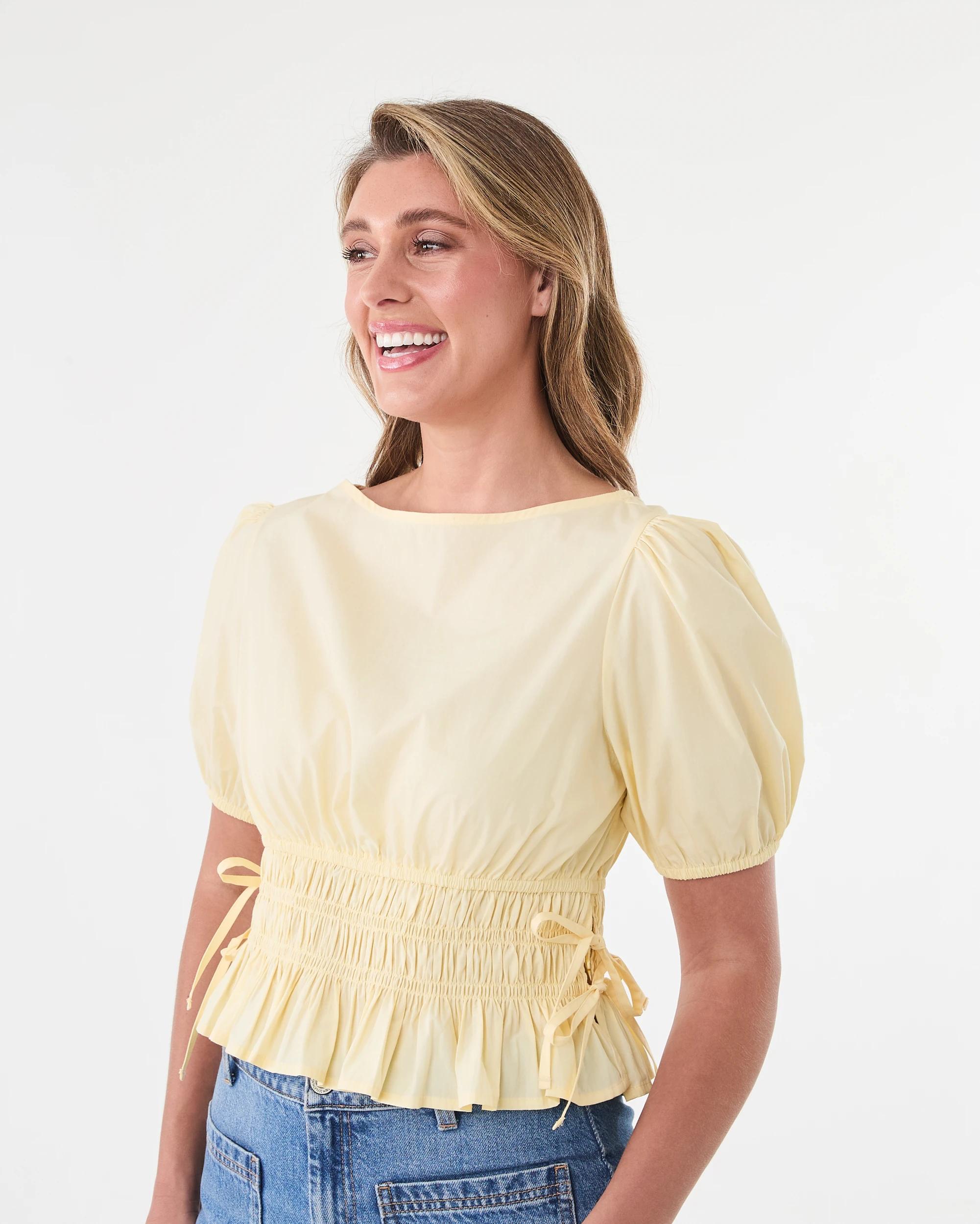 2 Short Sleeve Puff Sleeve Shirred Top Fln Yellow, 2 of 7