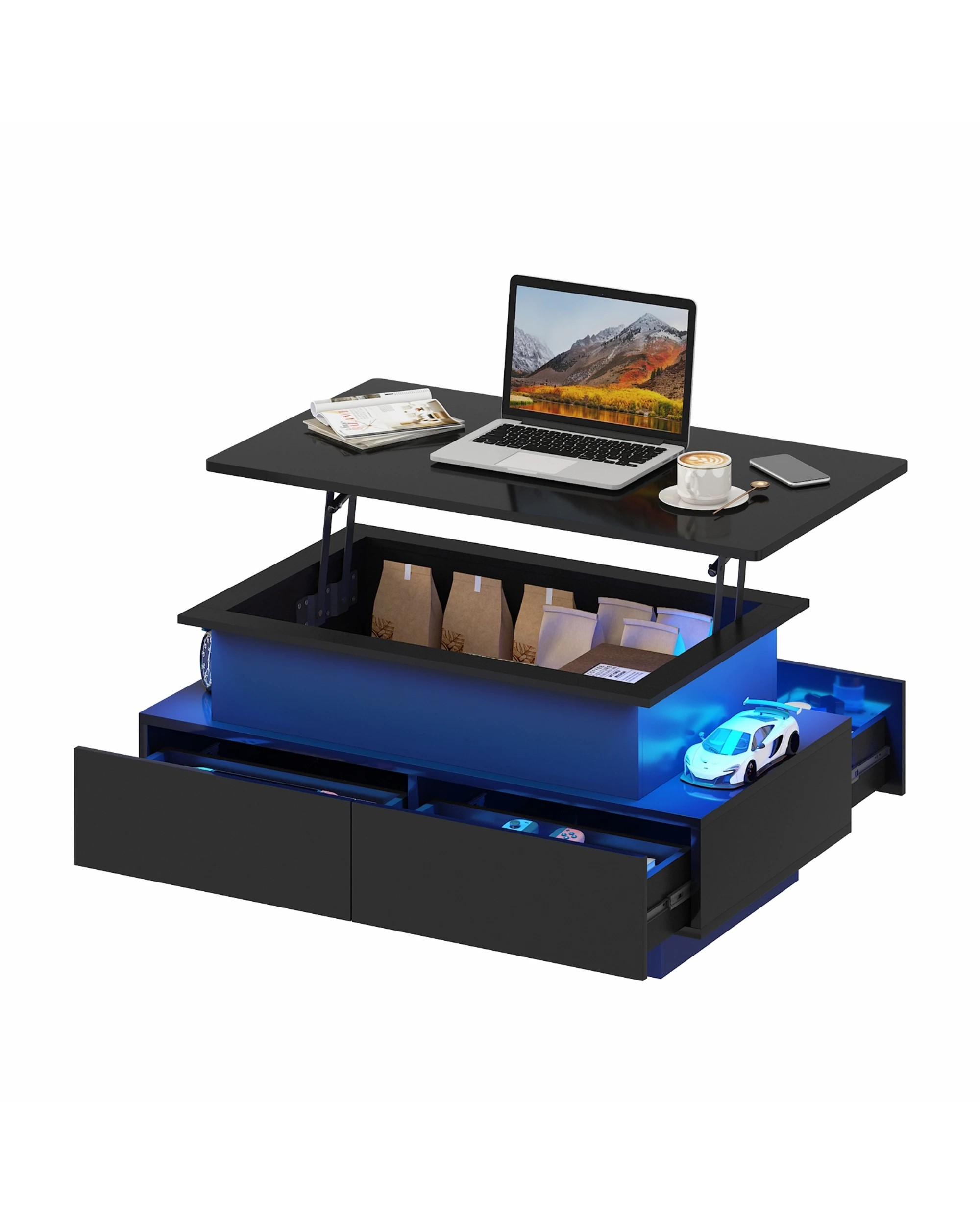 5 Advwin Lift Top Coffee Table w/ LED Lights Hidden Compartment & 4 Drawers High Gloss Central Table w/ Lift Tabletop, 5 of 9