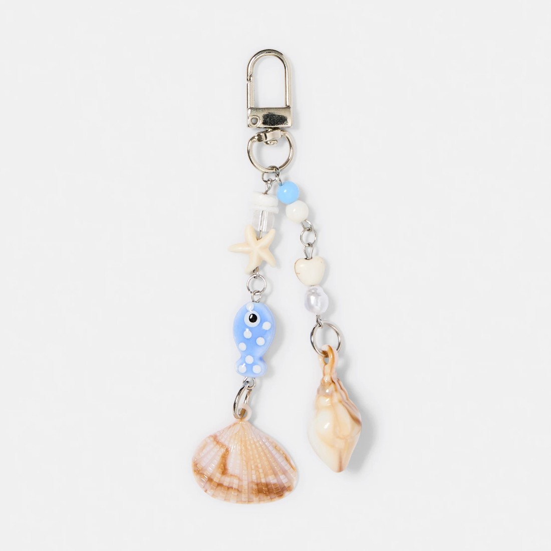 1 Bead Fish Shell Charm Keyring - Blue, White, Brown and Silver Tone, 1 of 3
