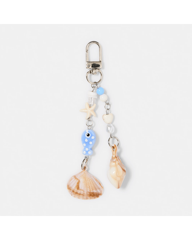 Bead Fish Shell Charm Keyring - Blue, White, Brown and Silver 