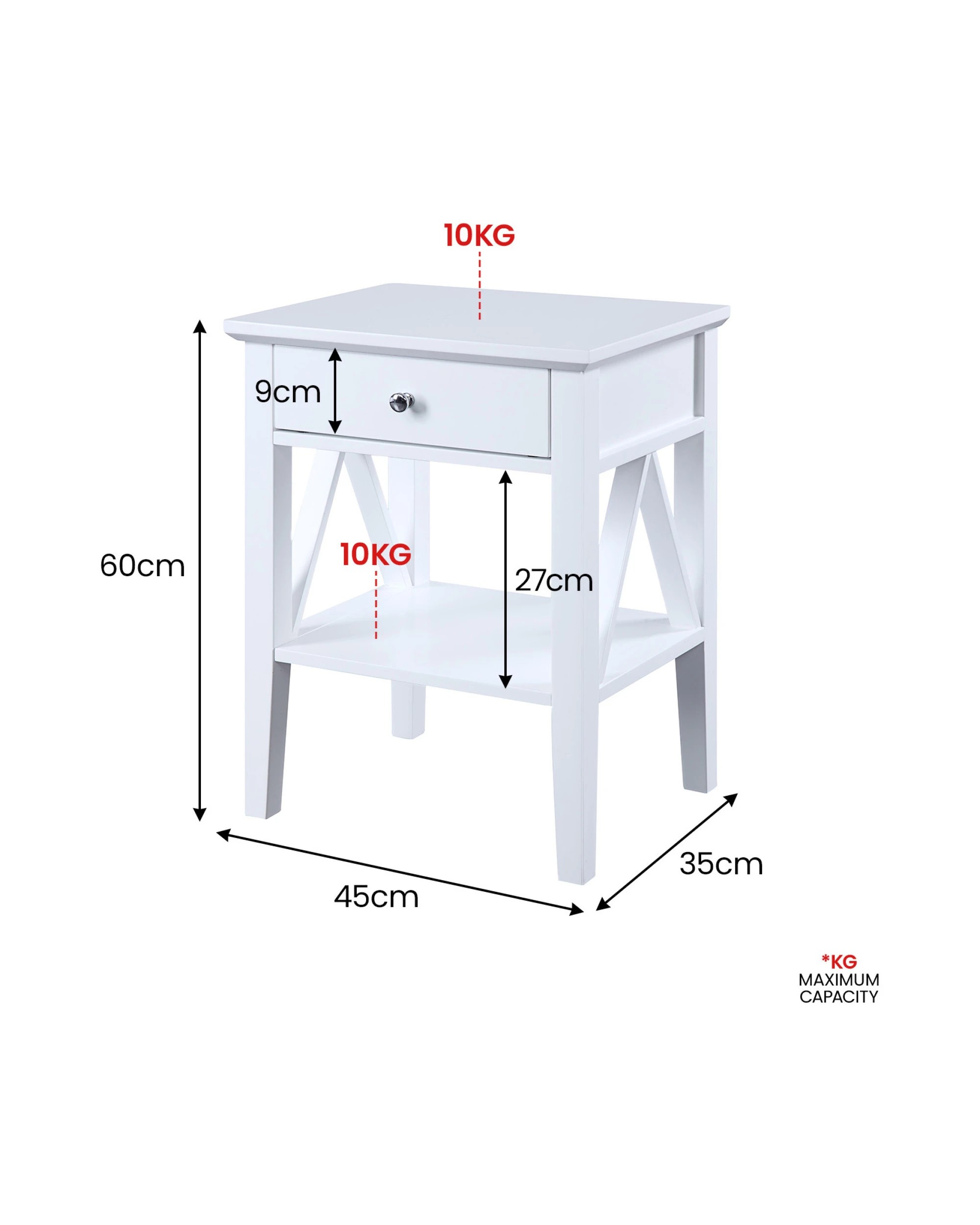 2 Sarantino Greta Bedside Table with Drawer in White - White, 2 of 8