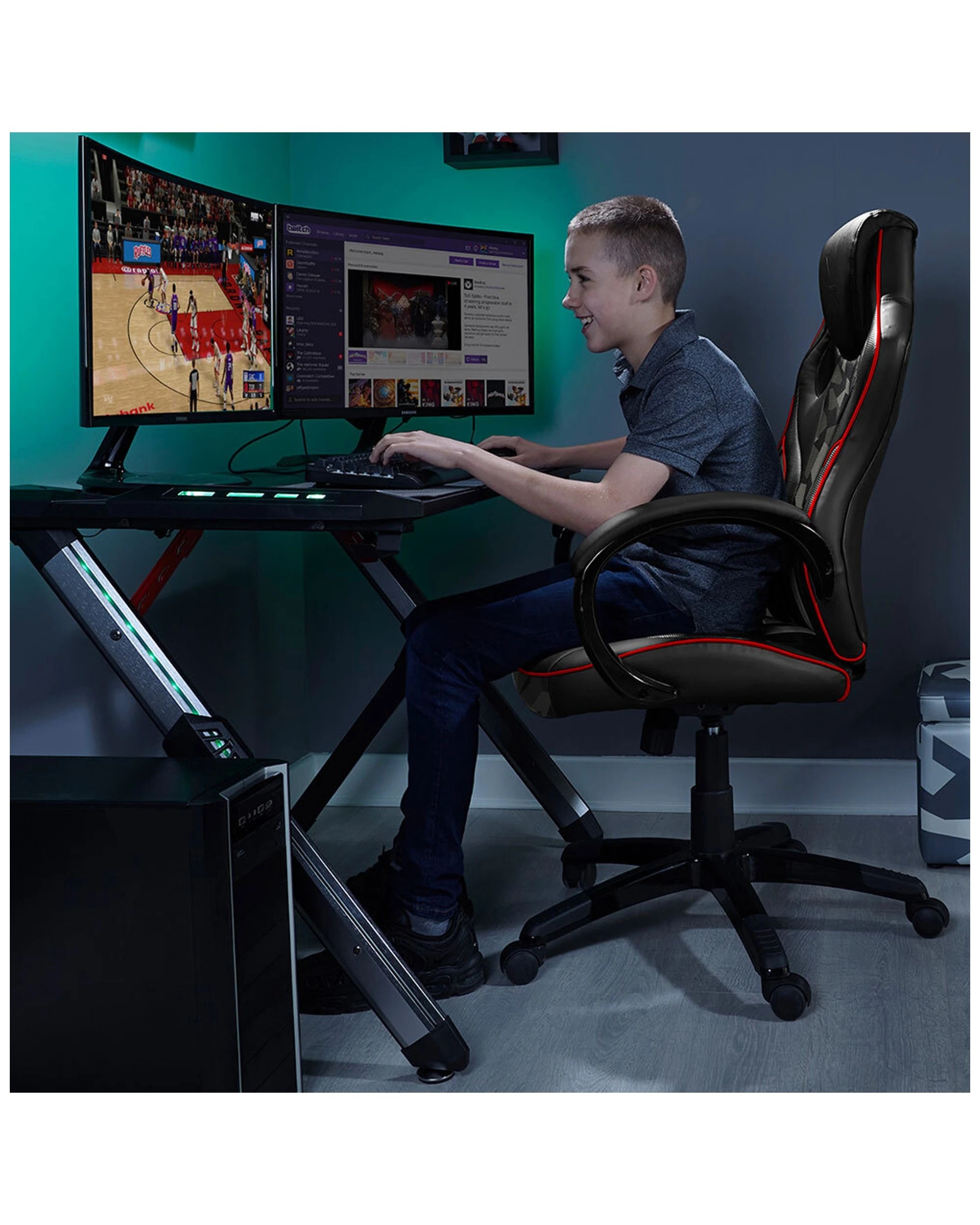 6 X Rocker Kratos Faux Leather Junior Ergonomic Office Gaming Chair Black
 - Red, 6 of 8