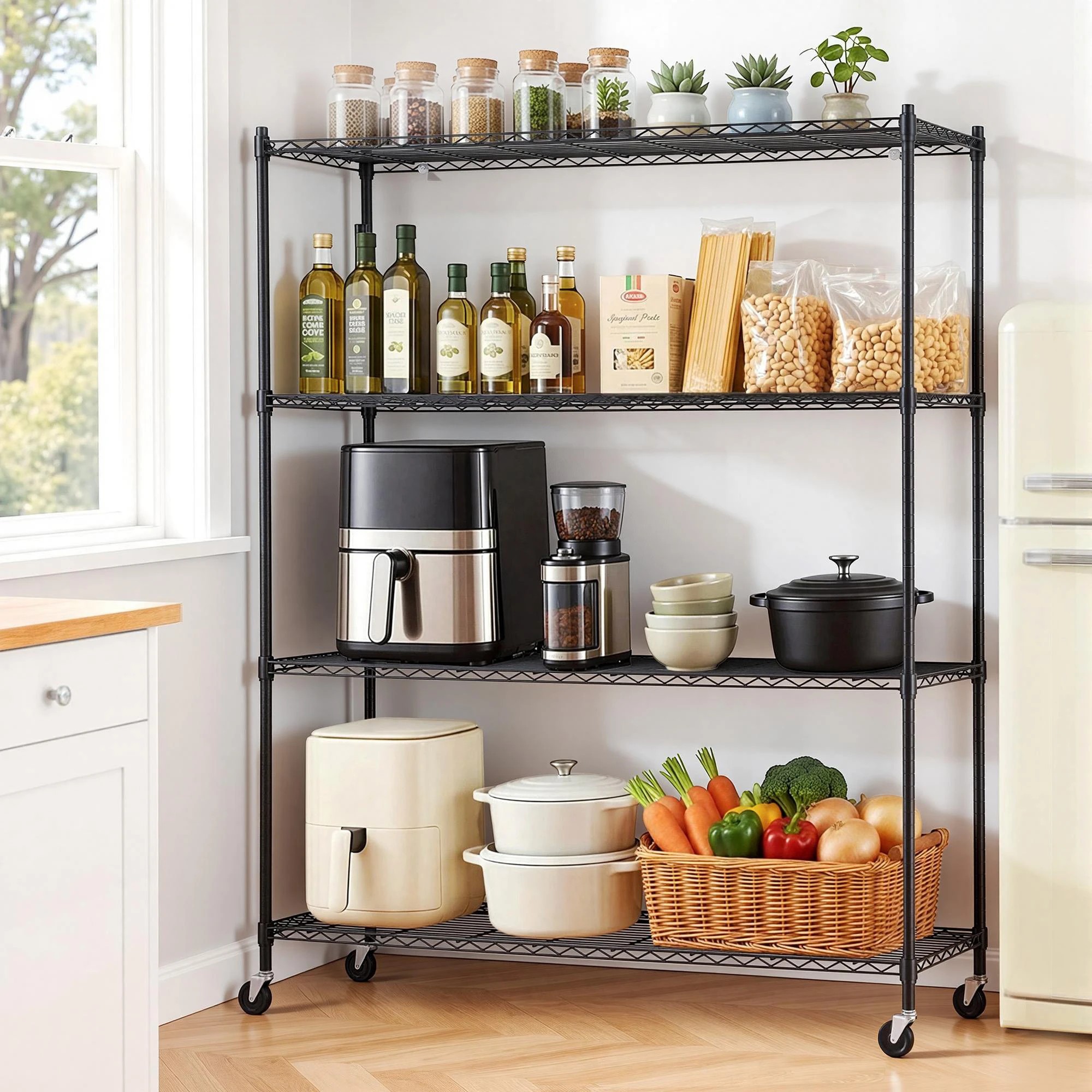 9 Artiss 4-Tier Kitchen Garage Rack Shelf with Wheels Shelving Unit 152x45x187CM Adjustable Metal Storage Shelves - Black, 9 of 9