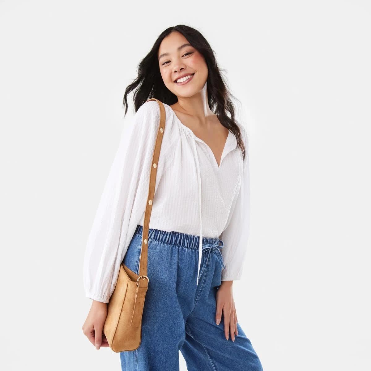 10 Long Sleeve Seersucker Tie Top WHITE, 10 of 10