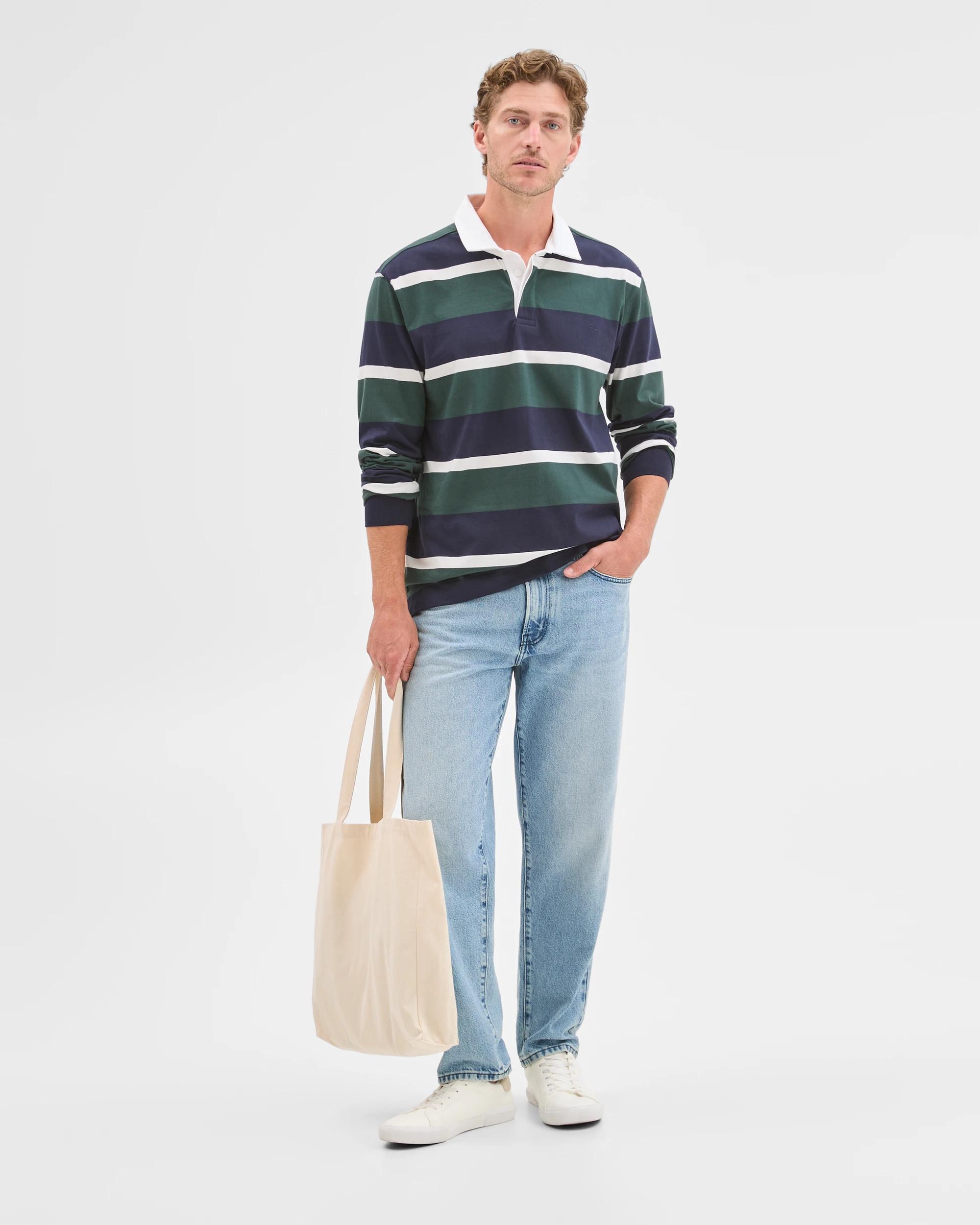 3 Target Man Australian Cotton Long Sleeve Rugby Polo Top NAVY GREEN STRIPE, 3 of 8