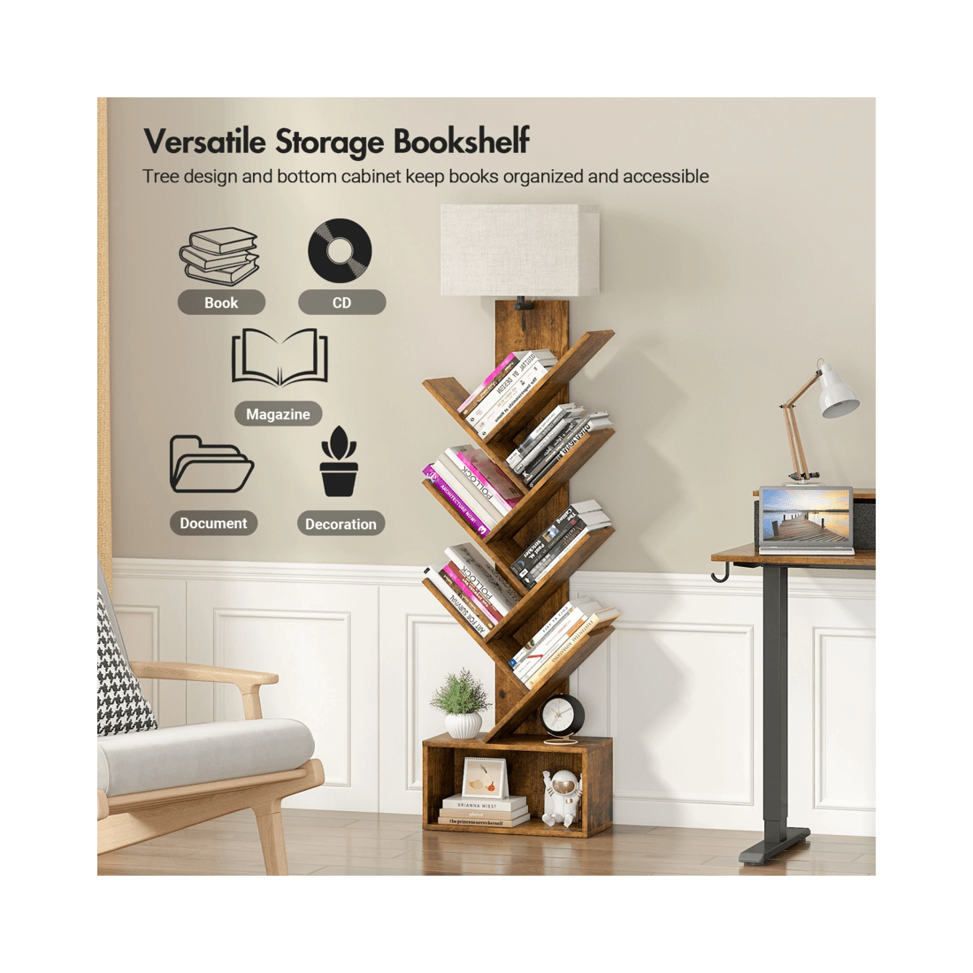 5 Advwin 6 Tier Tree Bookshelf w/ 3-Color Adjustable Light & Storage Cabinet Walnut, 5 of 10