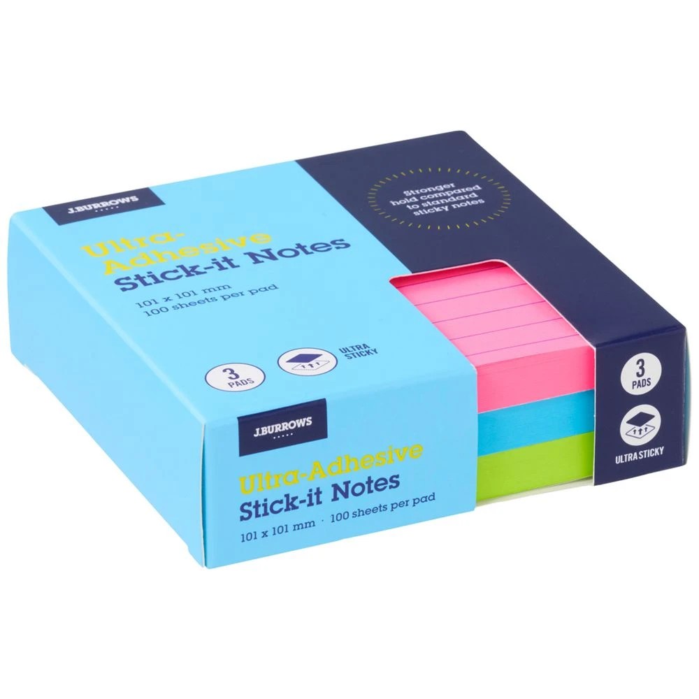 1 J.Burrows Ultra Stick-it Notes 101x101mm Lined Neon 3 Pack, 1 of 4
