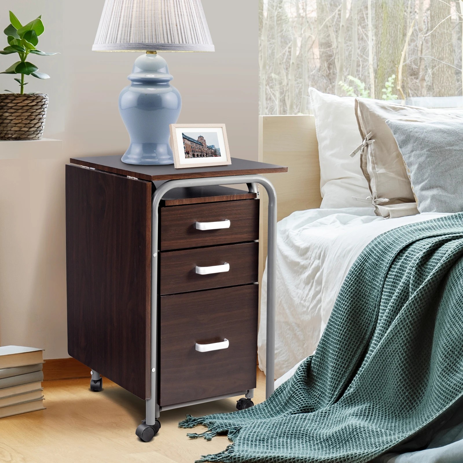 3 Costway Space-Saving Computer Desk Folding Laptop Desk Wheeled Workstation w/3 Drawers, 3 of 3