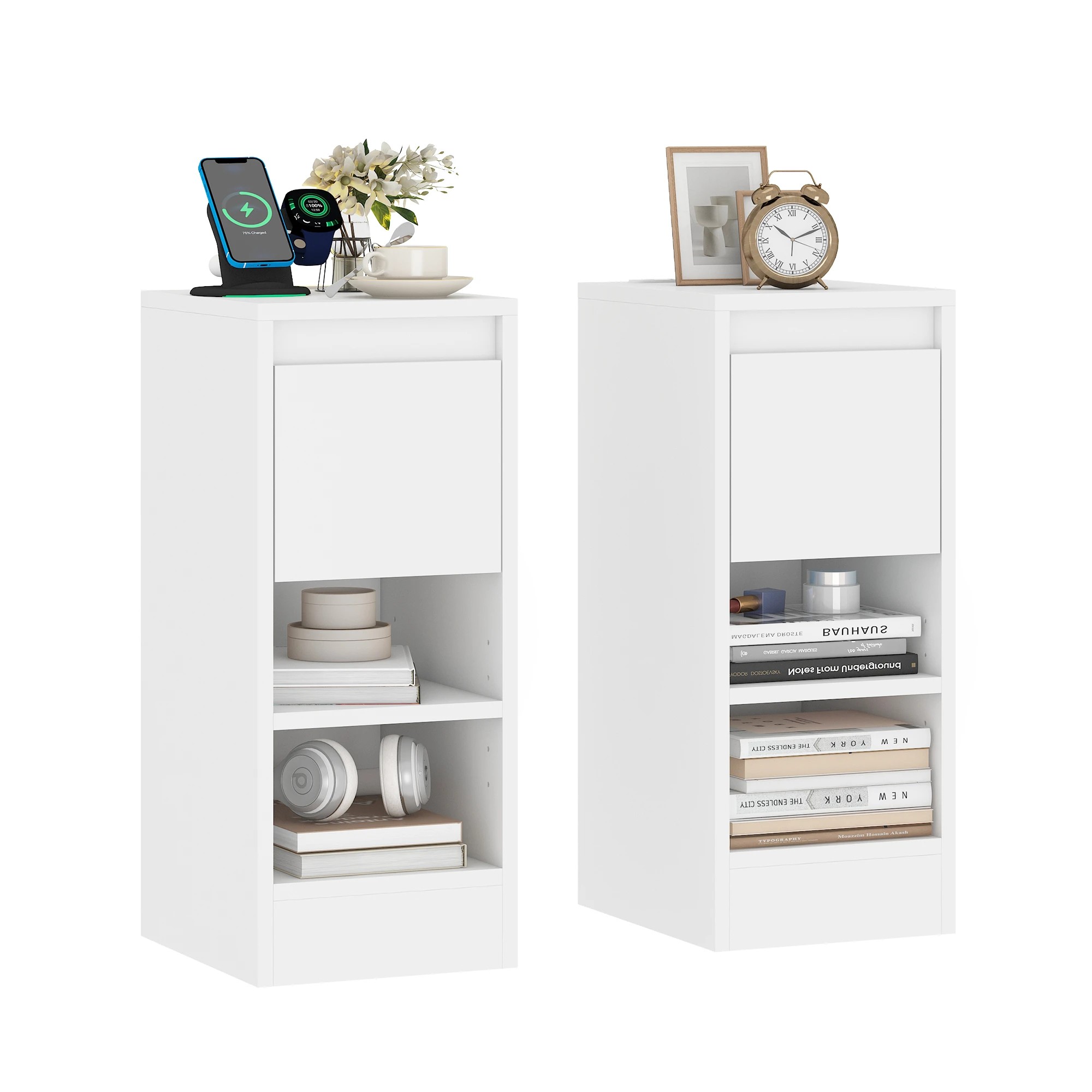 6 Advwin LED End Table Sofa Side Table with Drawers Narrow Bedside Table White - White, 6 of 9