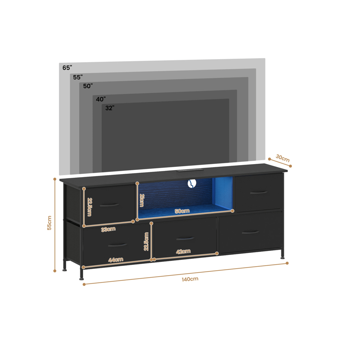 2 Advwin Tv Cabinet 140cm Led Entertainment Unit W/charging Station & Drawer Tv Stand Media Console Table Black, 2 of 10