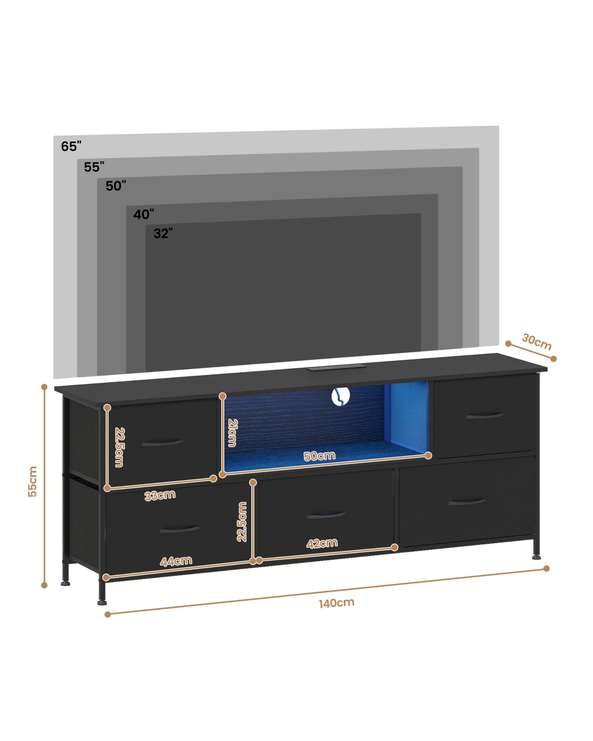 2 Advwin Tv Cabinet 140cm Led Entertainment Unit W/charging Station & Drawer Tv Stand Media Console Table Black, 2 of 10