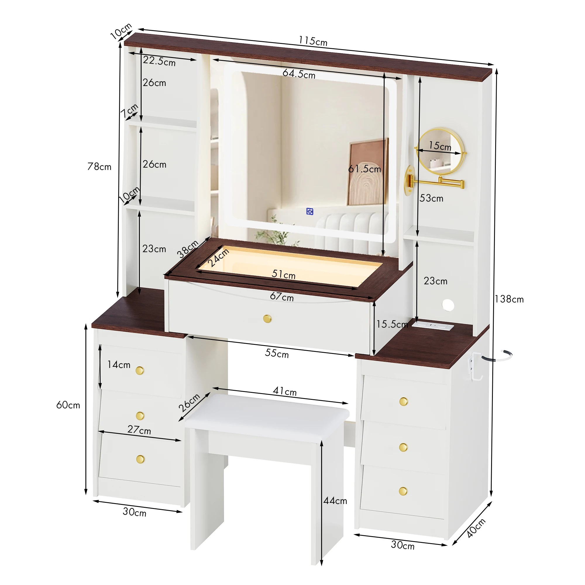 3 Advwin LED Vanity Desk with Mirror and Charging Hub - White, 3 of 10