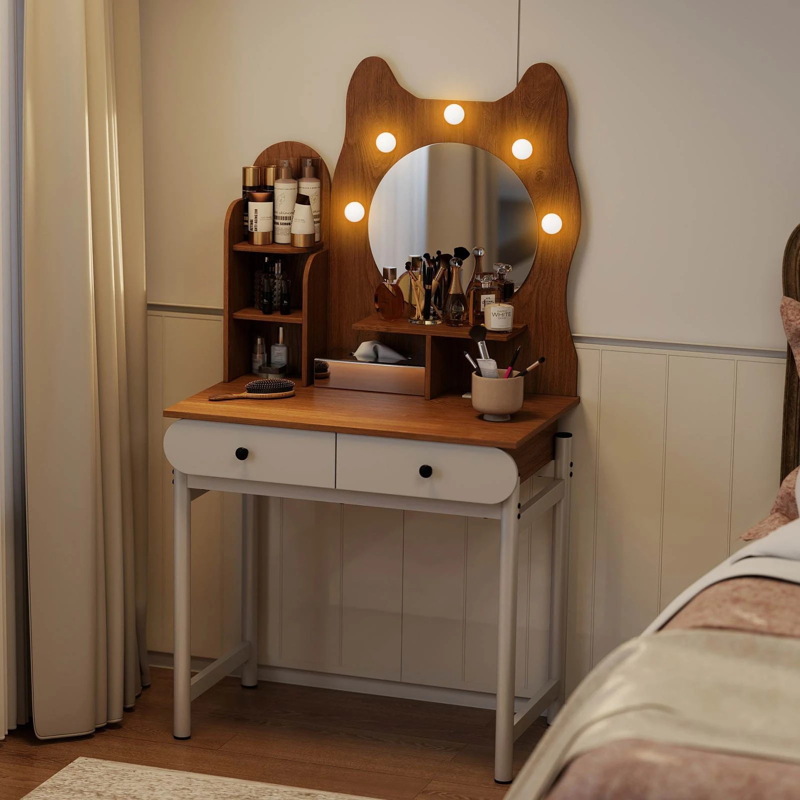 2 Costway Kitty-shaped Dressing Tables LED Lights w/Charging Station, 2 of 4