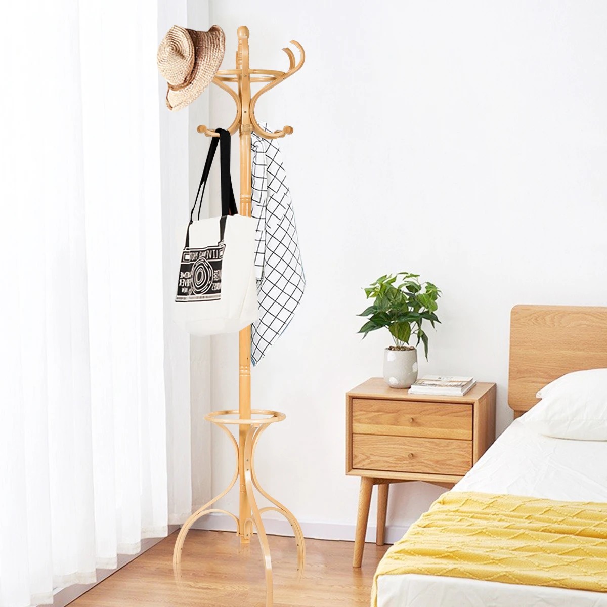 3 Costway 181CM Wood Coat Rack Hat Clothes Hanger w/Umbrellar Holder & 12 Hooks - Natural, 3 of 3