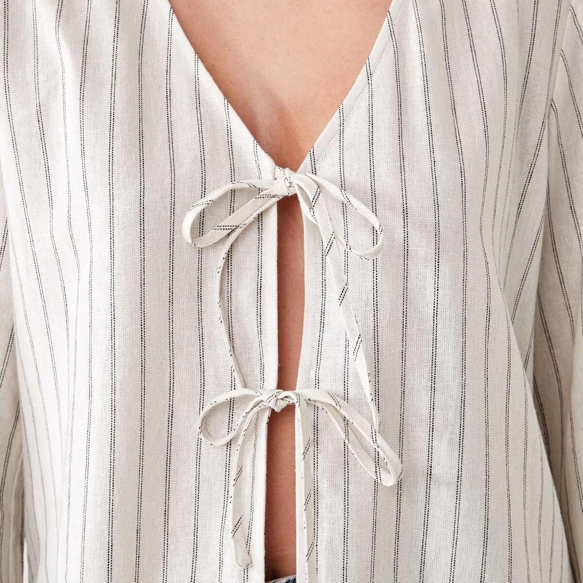 5 Long Sleeve Tie Front Linen Blend Top DOUBLE STRIPE, 5 of 5