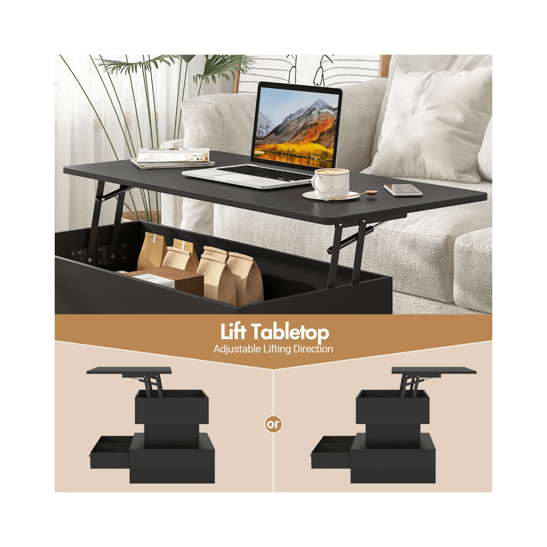 7 Advwin Lift up Top Coffee Table with Hidden Storage & Drawers RGB LED Lights Wooden Tea Table Black, 7 of 9
