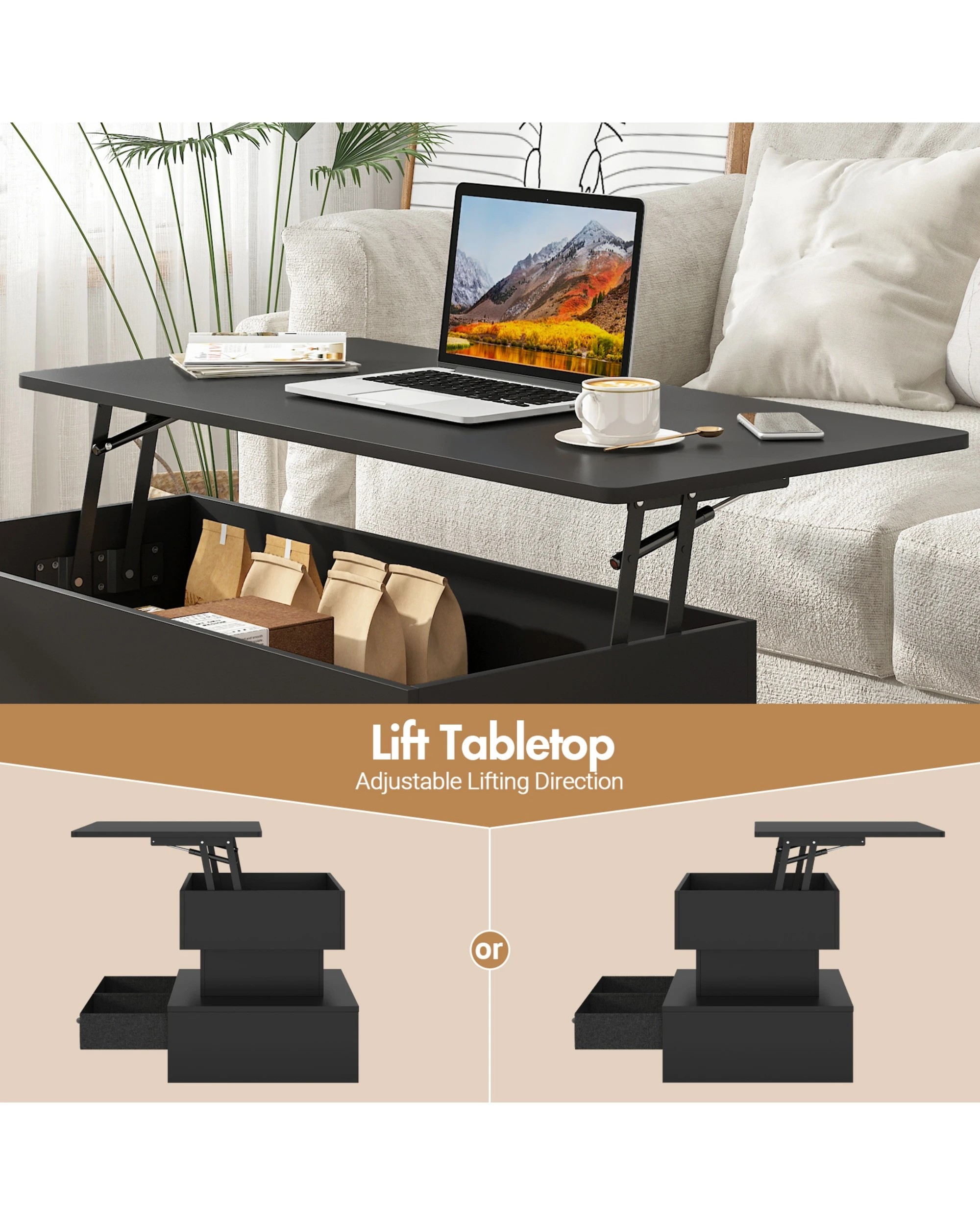 7 Advwin Lift up Top Coffee Table with Hidden Storage & Drawers RGB LED Lights Wooden Tea Table Black, 7 of 9