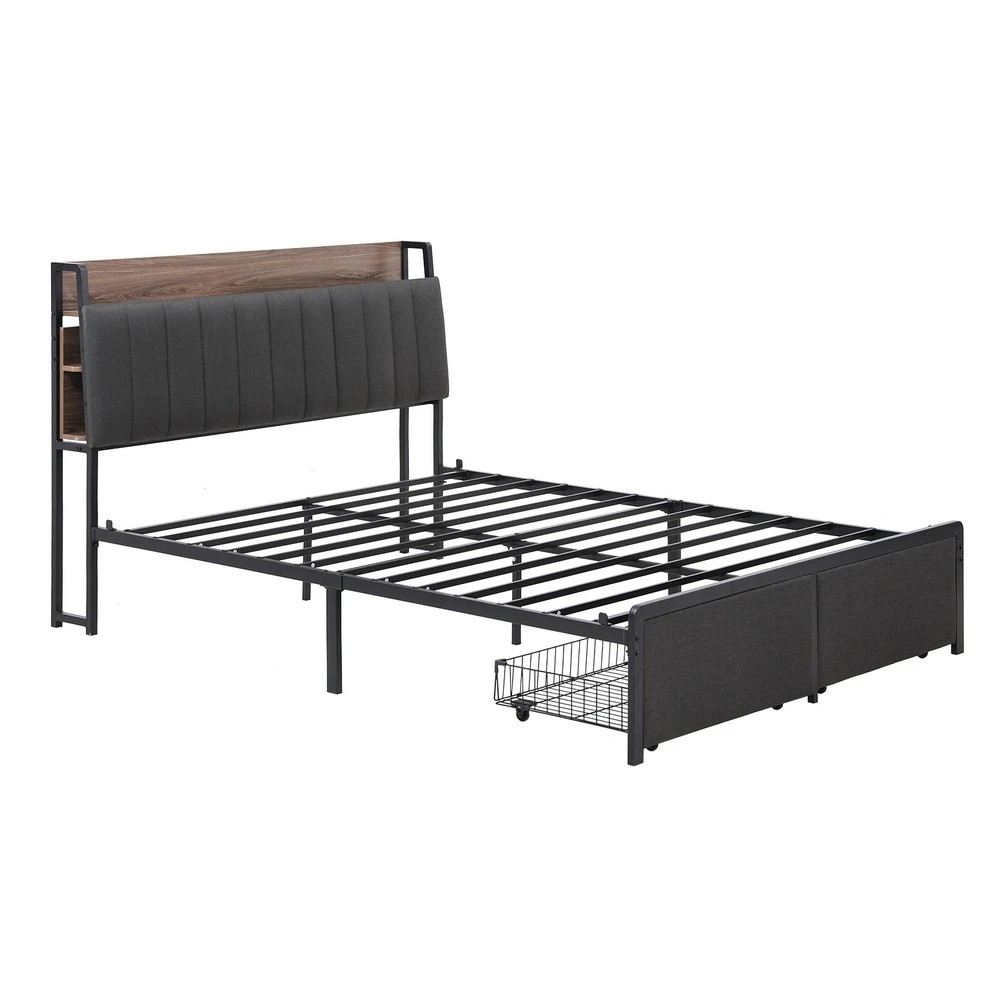 1 Artiss Metal Bed Frame King Size with 2-Tier Hidden Storage with Charging Station - Grey, 1 of 7