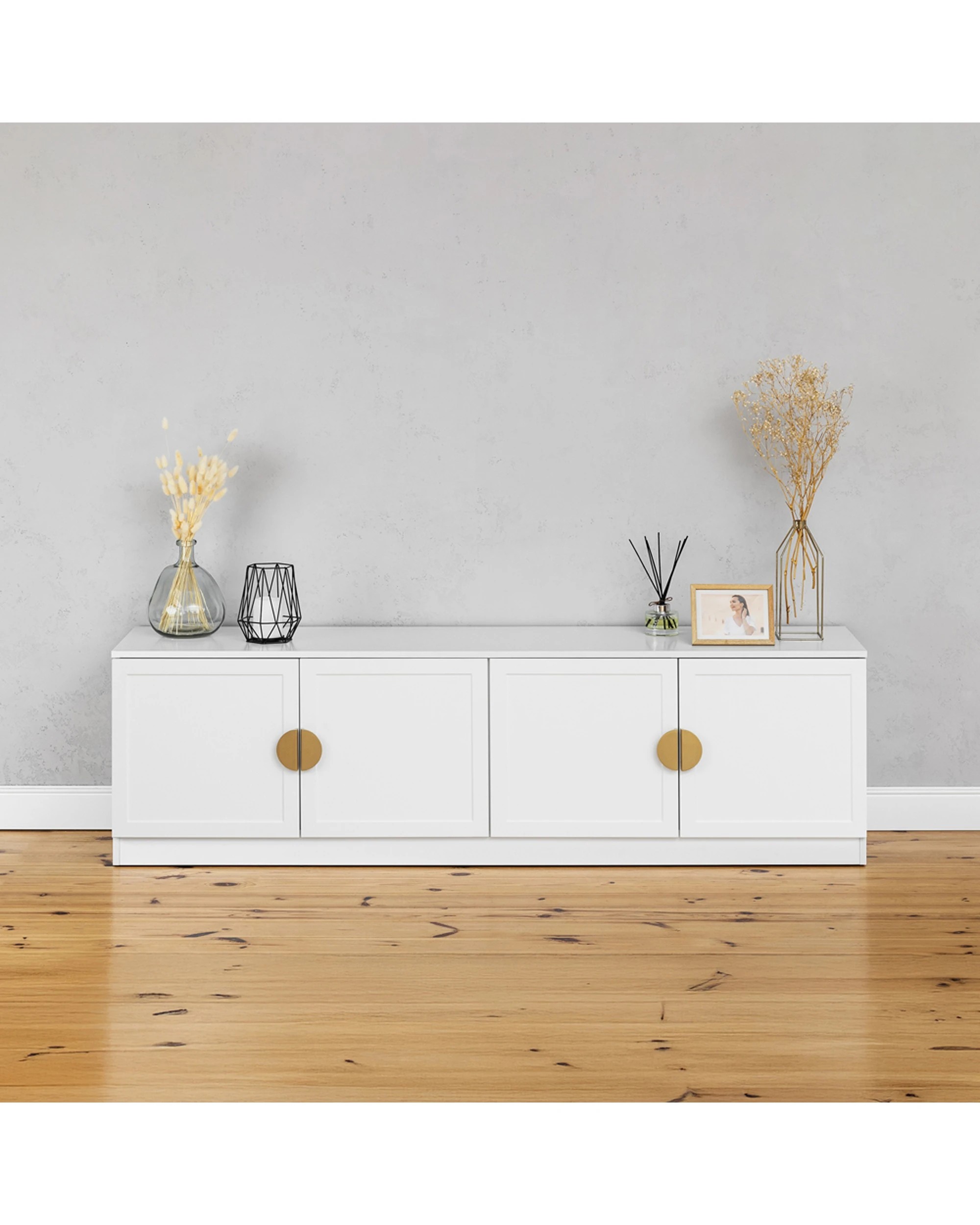 3 European Cabinetry Bucharest Hamptons Panel TV Unit Brass Half Moon Handle - White, 3 of 4