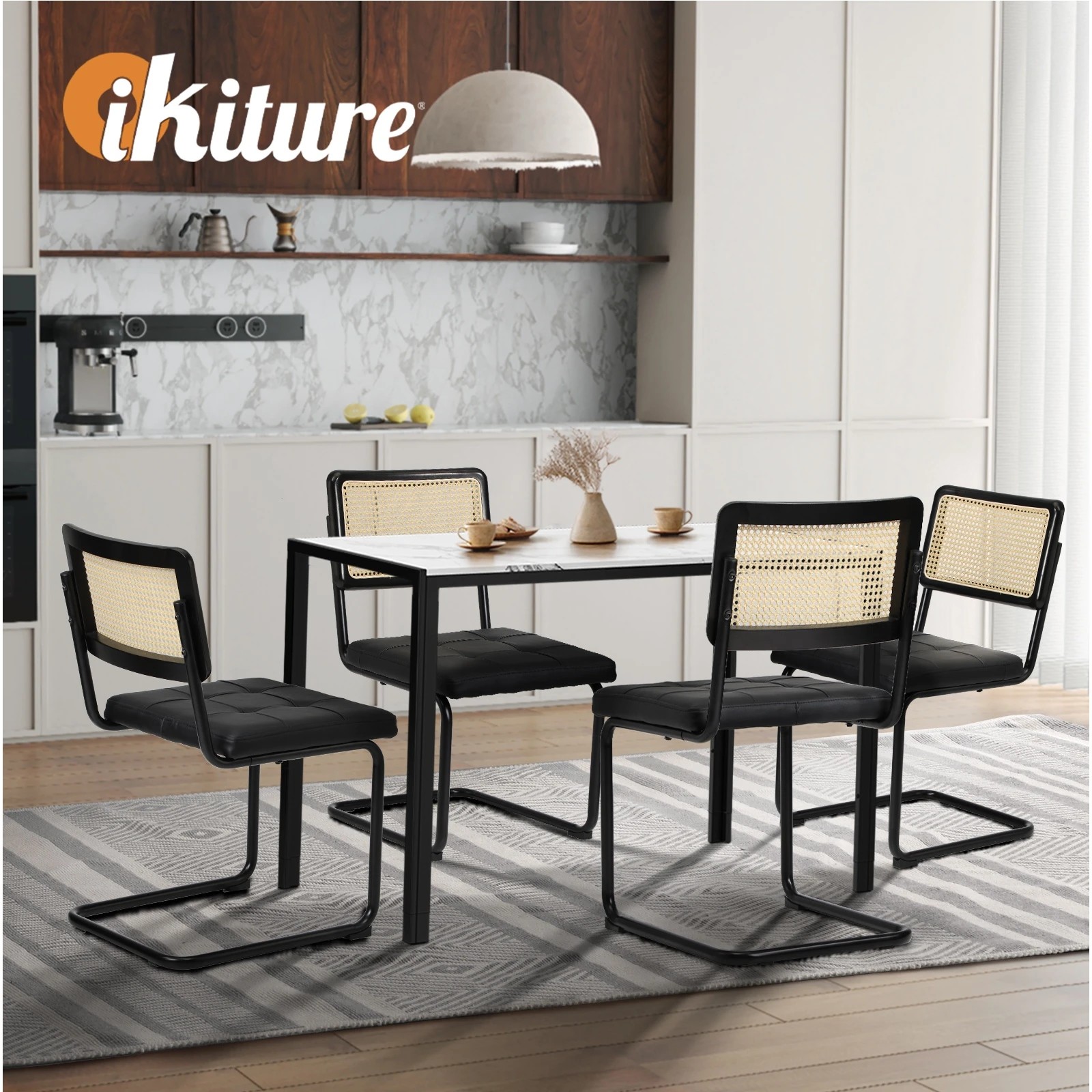 5 Oikiture 120cm Rectangle Dining Table with 4PCS Dining Chairs Leather - Black, 5 of 9