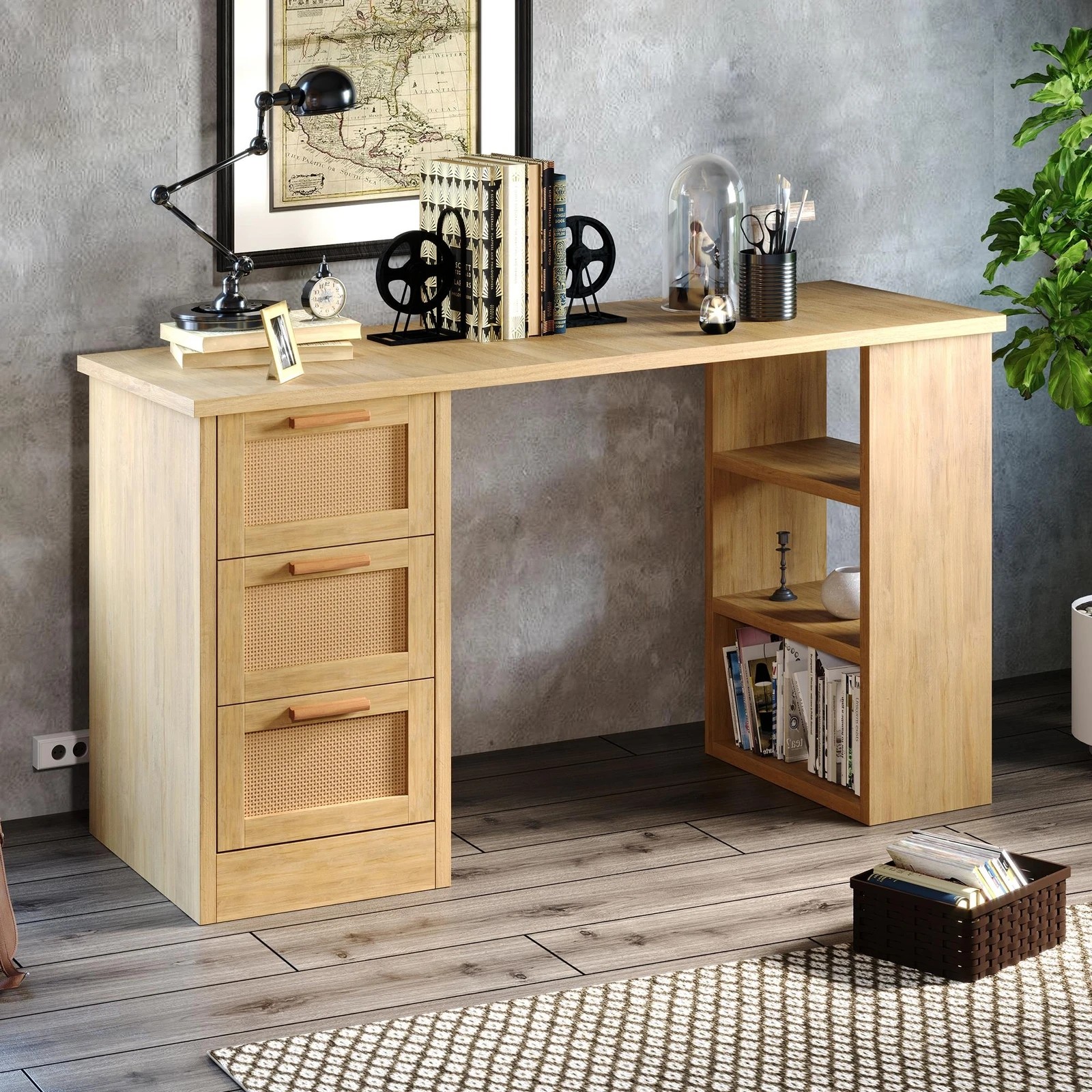 3 Alfordson Computer Desk Drawers Office Laptop PC Study Table Shelf - Oak, 3 of 10