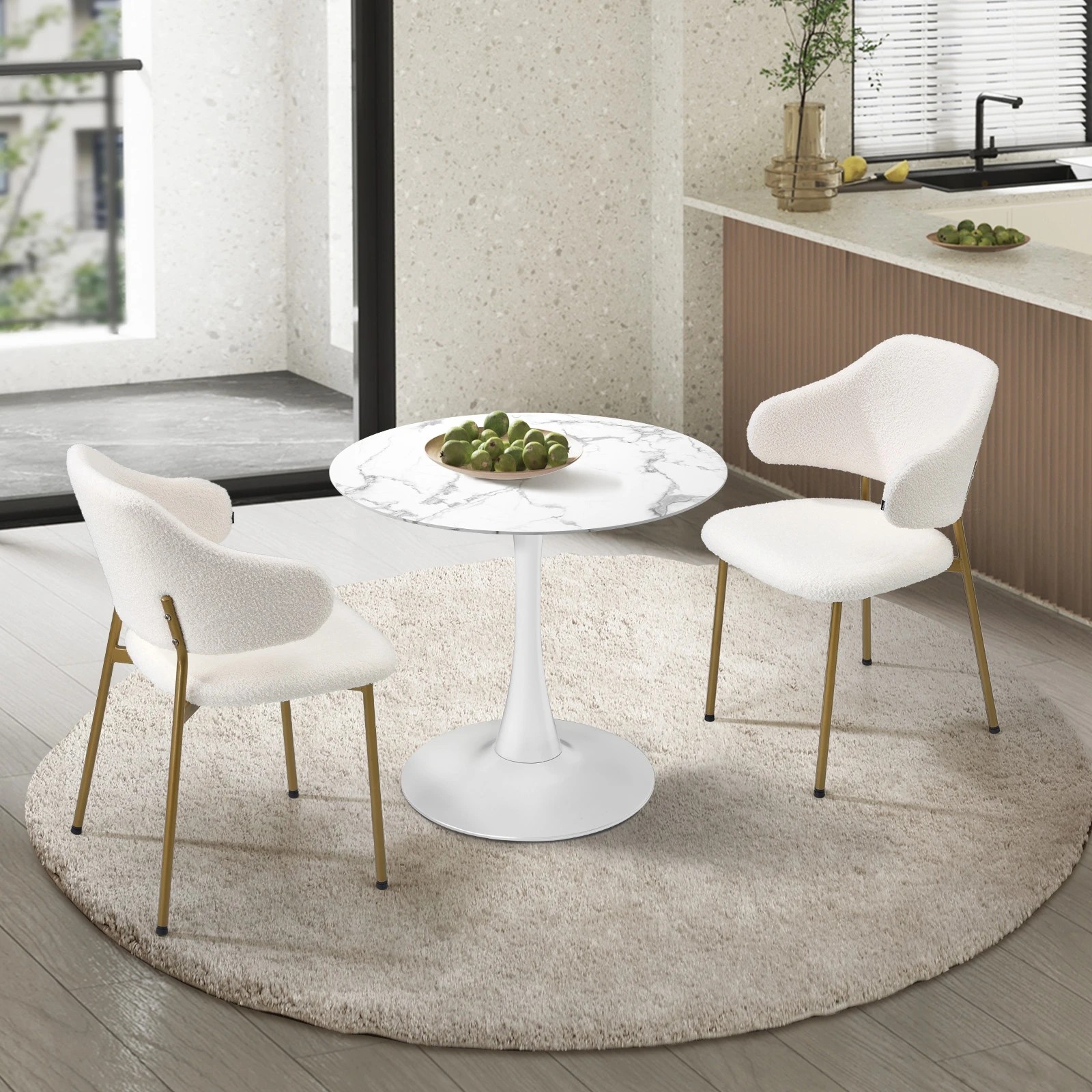 2 Oikiture 60cm Round Dining Table With 2x Sherpa Dining Chairs Gold Metal Leg
 - White, 2 of 10