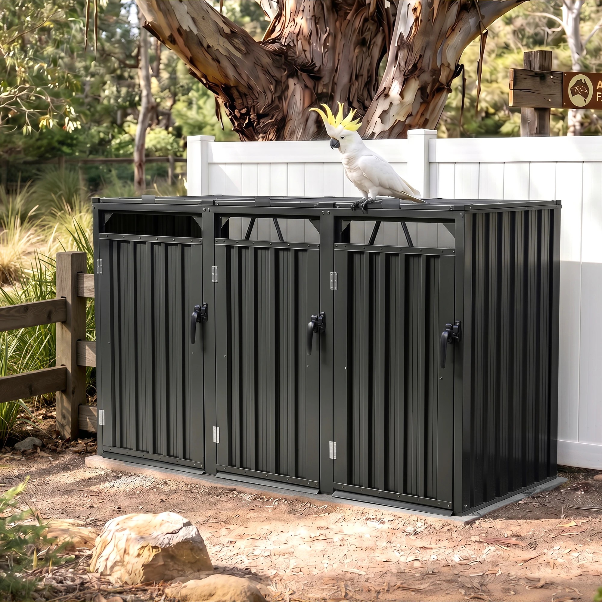 6 Giantz Bin Shed Triple Wheelie Waste Bins Storage Steel Garden Enclosure - Black, 6 of 8