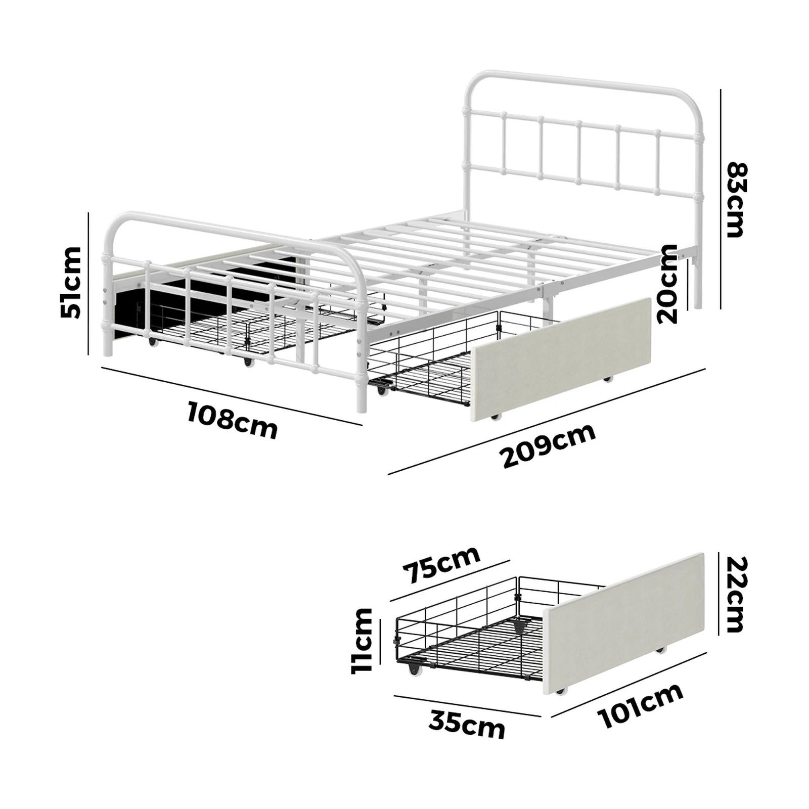 6 Oikiture Metal Bed Frame King Single Size Bed Base with 2 Drawers - White, 6 of 9