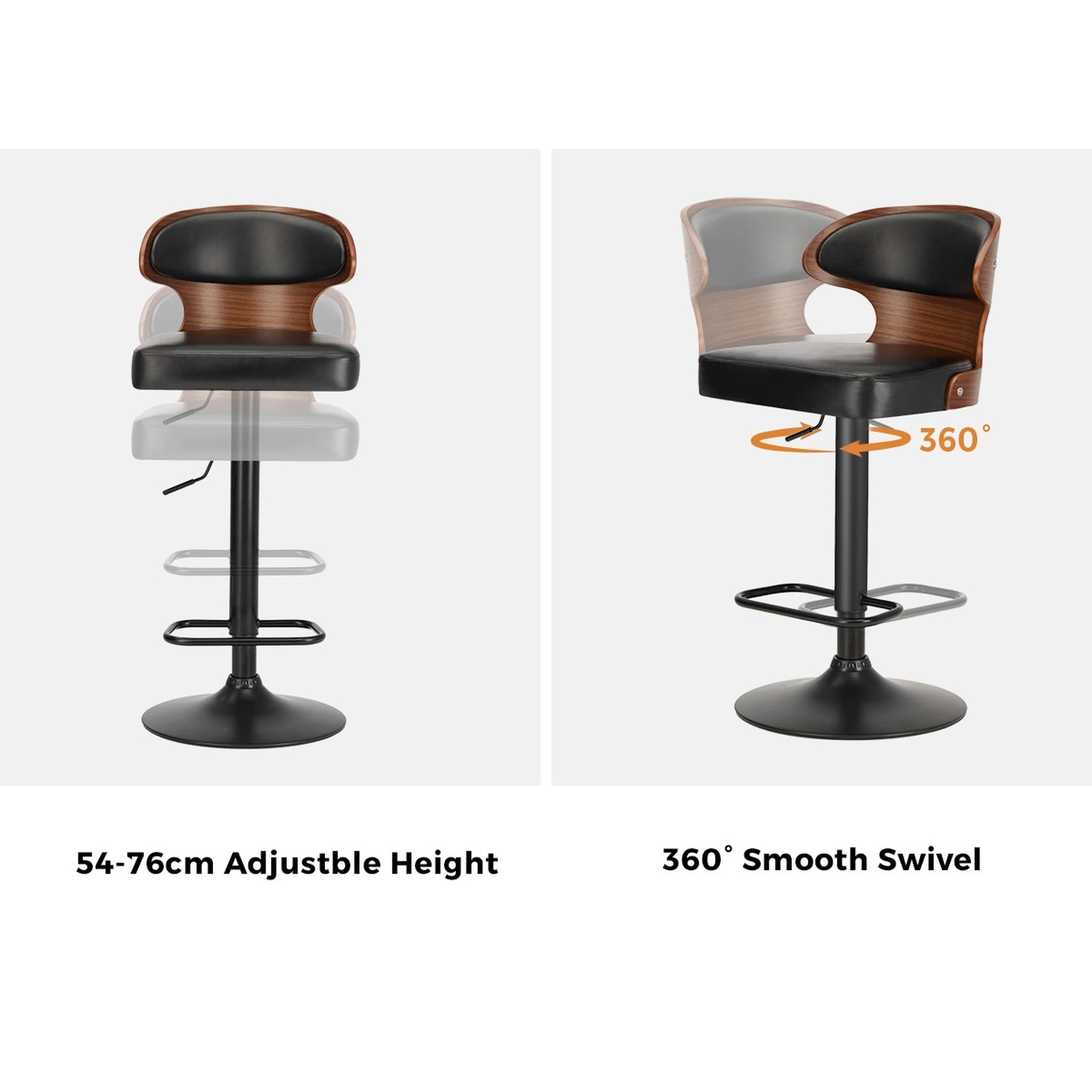 4 Oikiture 2x Bar Stools Kitchen Gas Lift Swivel Chairs Stool Wooden Barstool - Black, 4 of 9