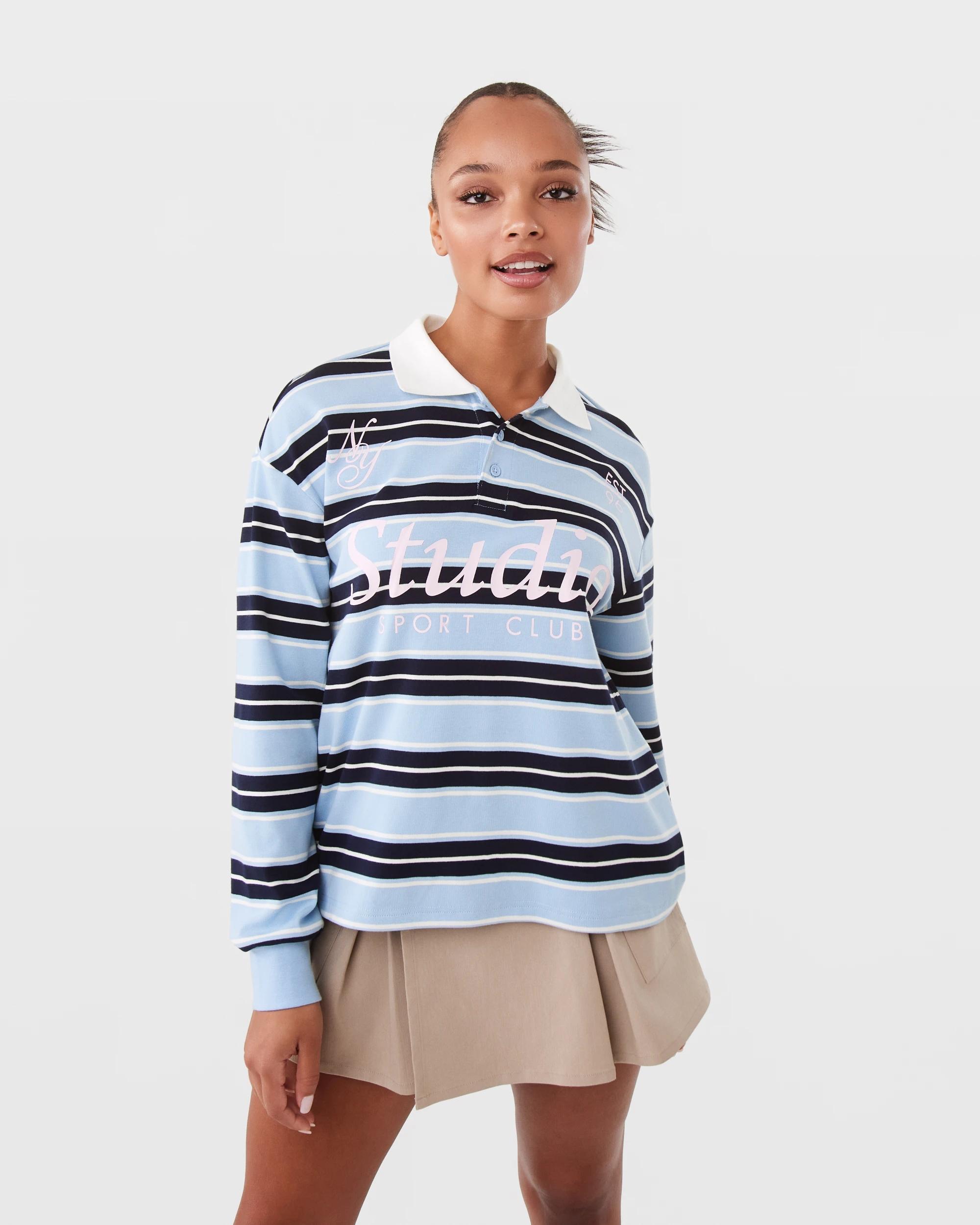 8 Long Sleeve Print Polo Shirt Blu Stripe, 8 of 8