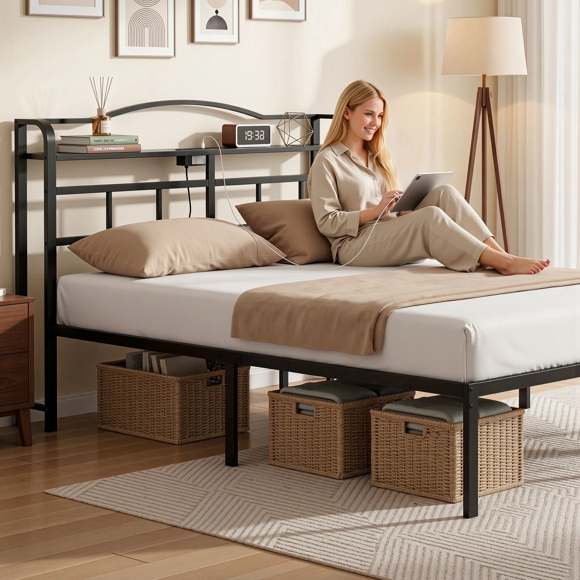 5 Artiss Bed Frame Queen Size with Charging Station WAVE - Black, 5 of 7