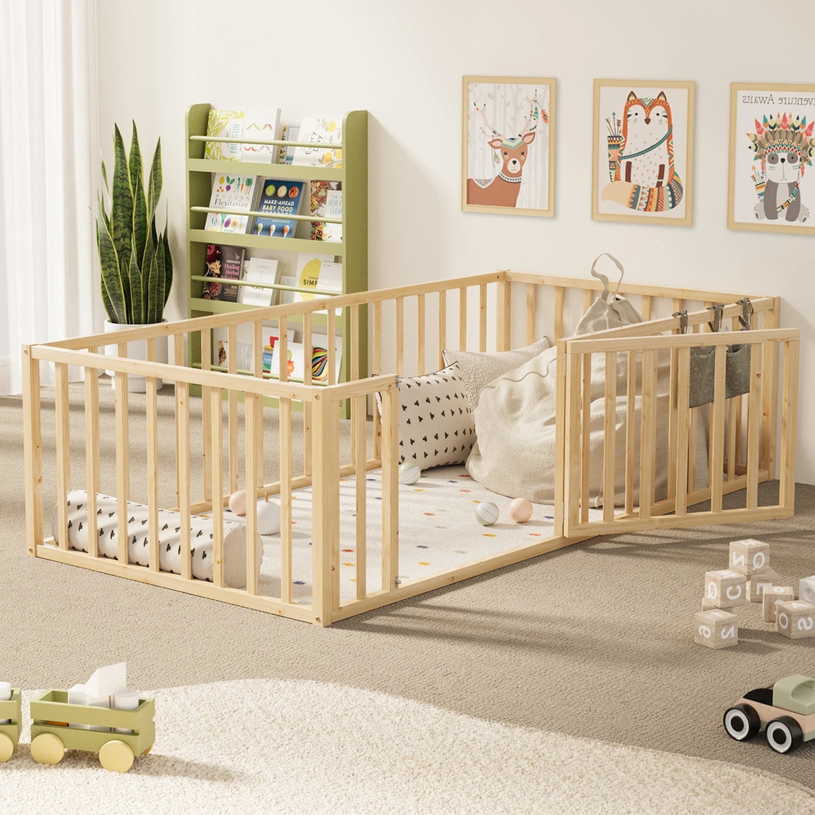 3 Oikiture 2-in-1 Kids Bed Play Centre Fence Gate Single Wood - Natural, 3 of 10