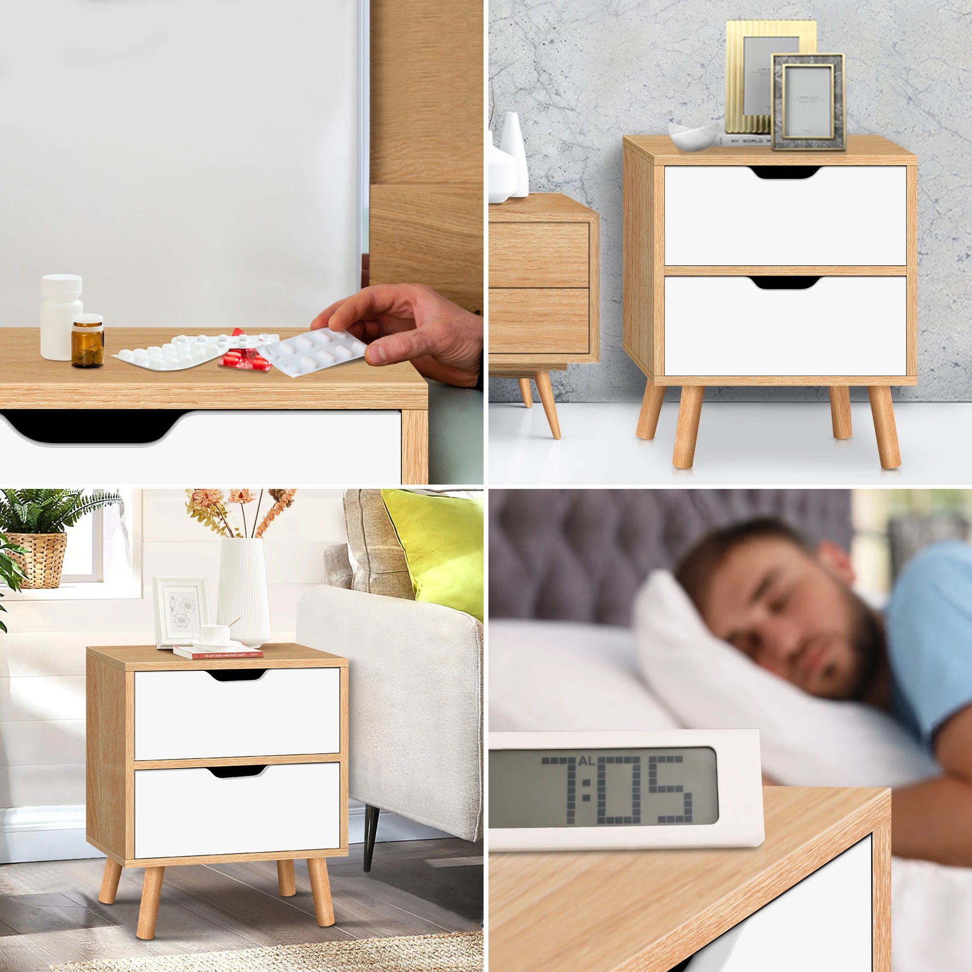 4 Alfordson Bedside Table Nightstand Side End Table 2 Storage Drawers - Oak, 4 of 10