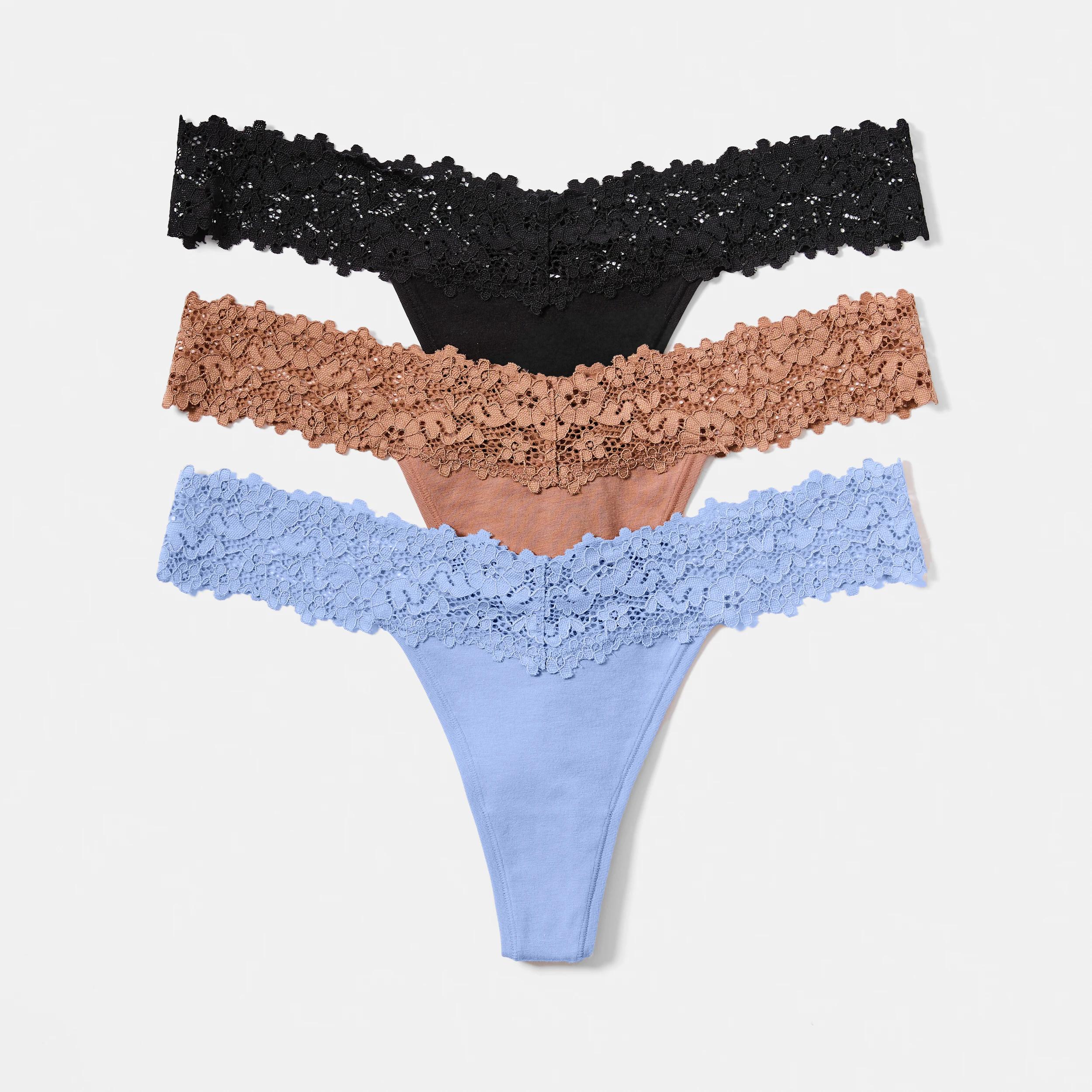 1 3 Pack Cotton Lace G-String Briefs BLACK, SOFT CLAY, HYDRANGEA, 1 of 8