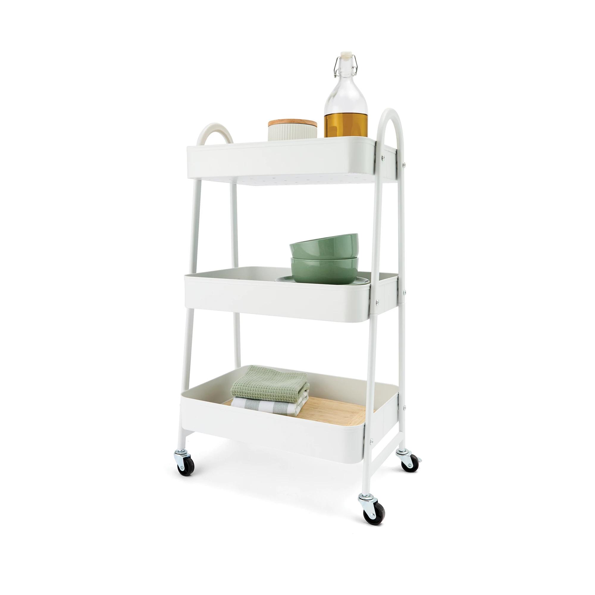 Main + Mesa 3-Tier Rolling Cart - White And Dark Grey Metal & Plastic Utility Trolley
